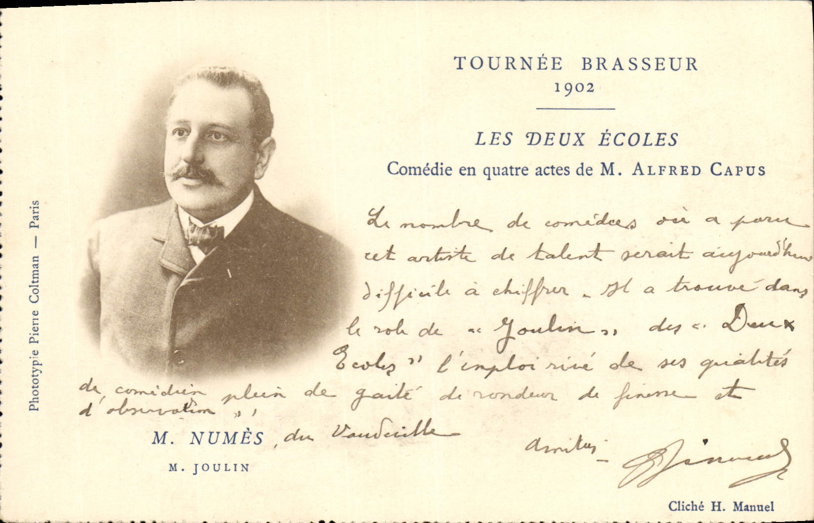 VINTAGE POSTCARD Theater Turned Brewer the 1902 Two Schools Comedy of Alfred Capus Numes Joulin