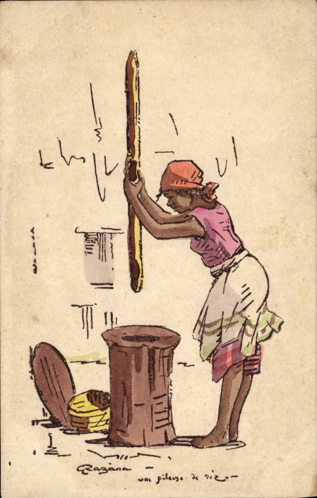 Mujer negra del negro de la POSTAL de la VENDIMIA pilosa del arroz