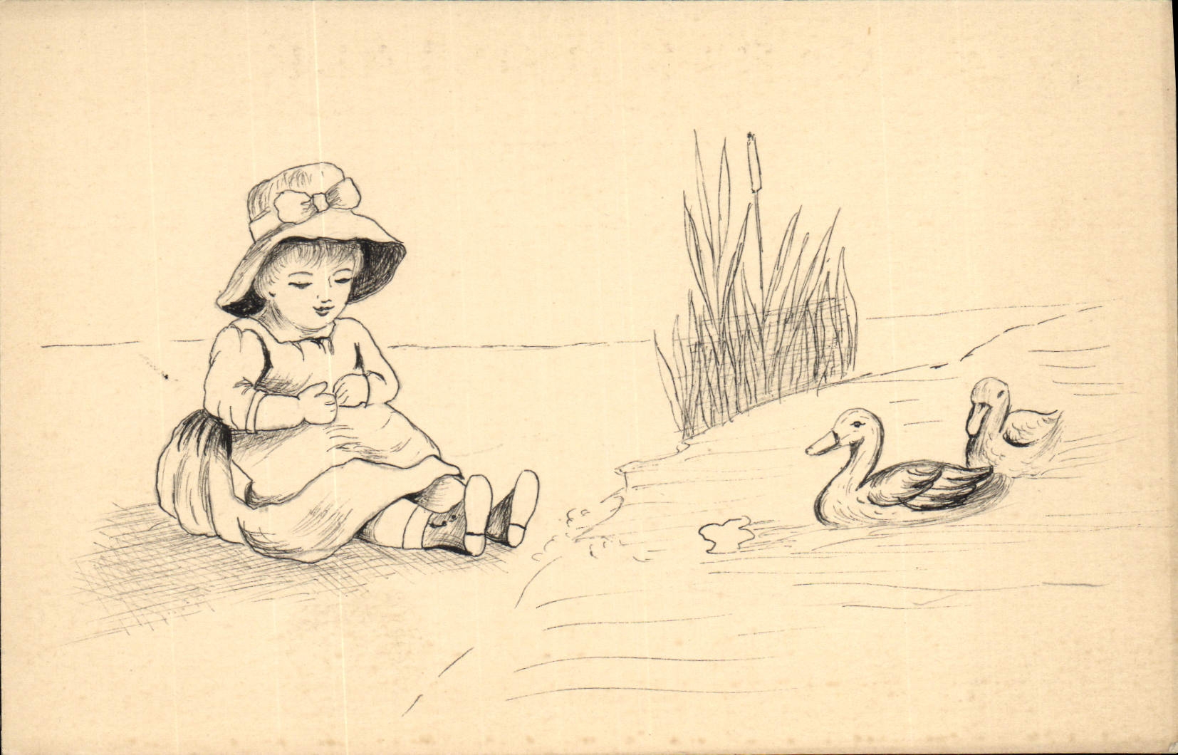 VINTAGE POSTCARD (drawing with the hand) Child Ducks