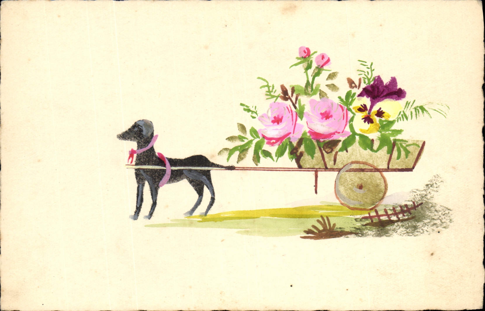 VINTAGE POSTCARD (drawing with the hand) Flowers Dog