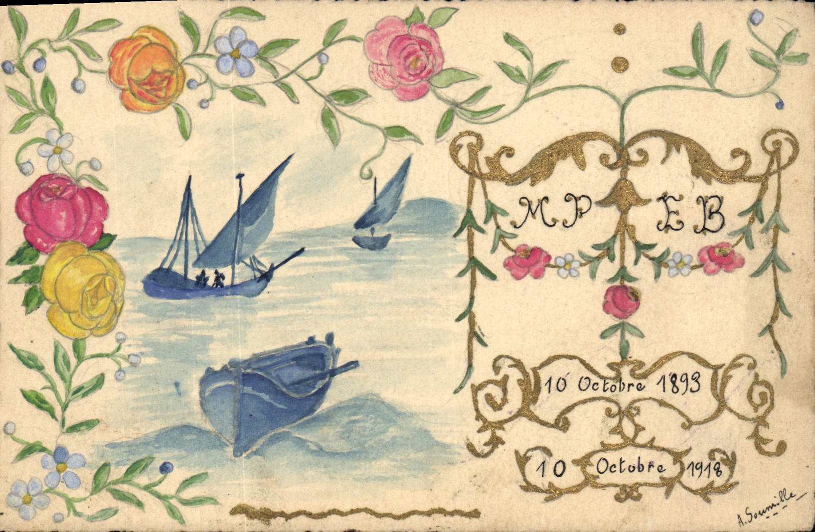 VINTAGE POSTCARD (drawing with the hand) Boats