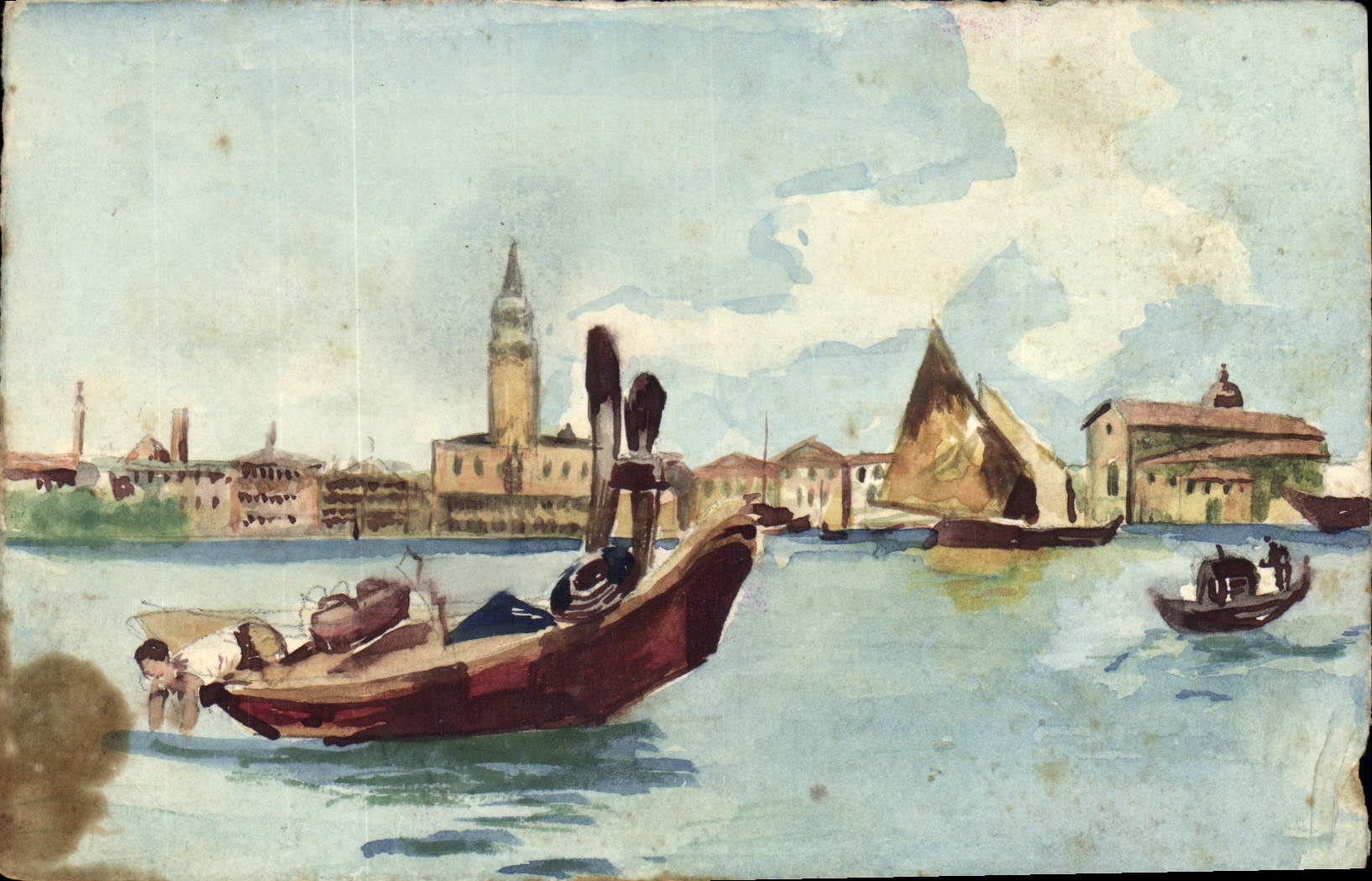 VINTAGE POSTCARD (drawing with the hand) Venice Boat