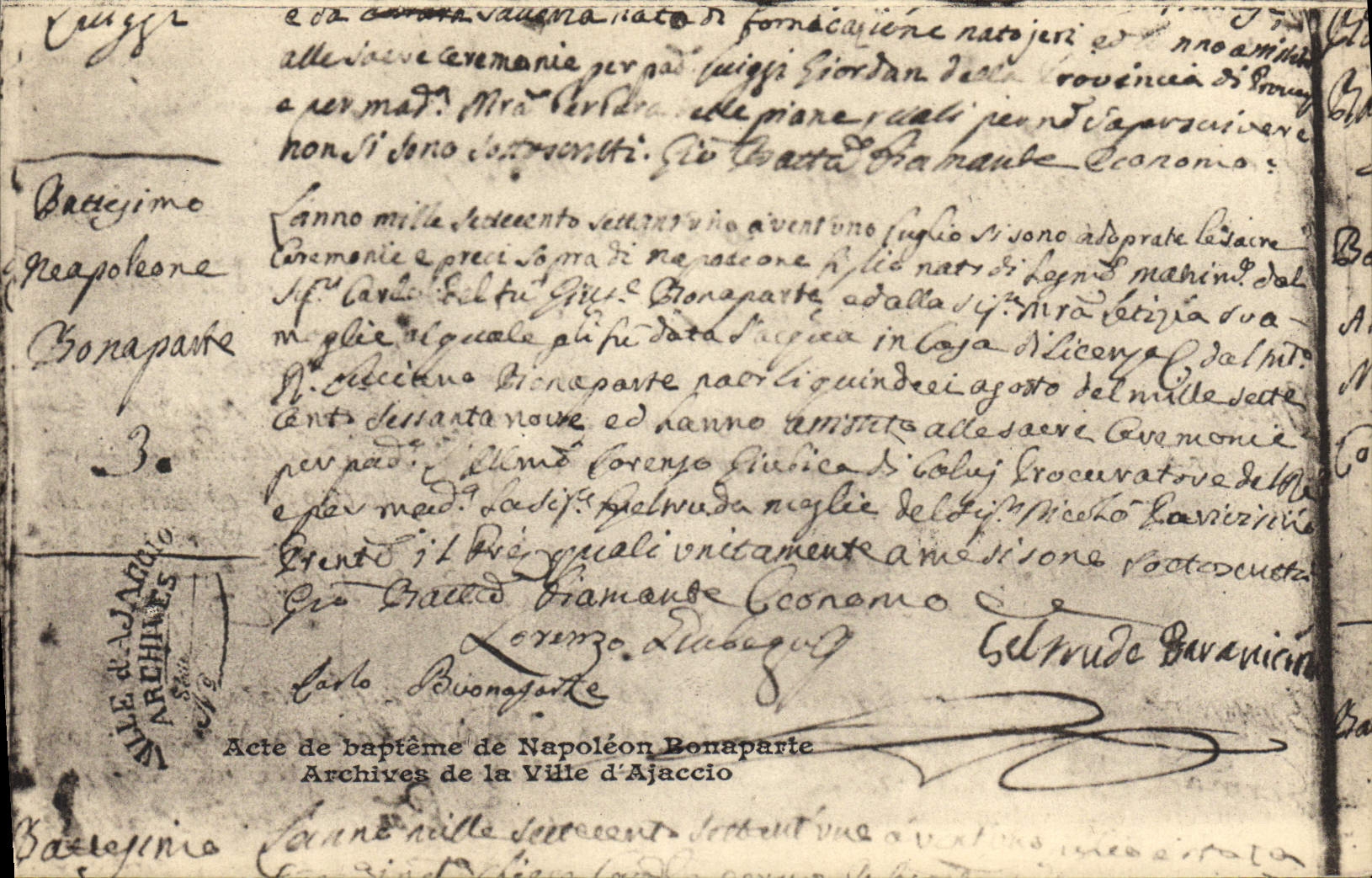 VINTAGE POSTCARD Napoleon 1st Baptismal certificate of Napoleon Bonaparte Ajaccio