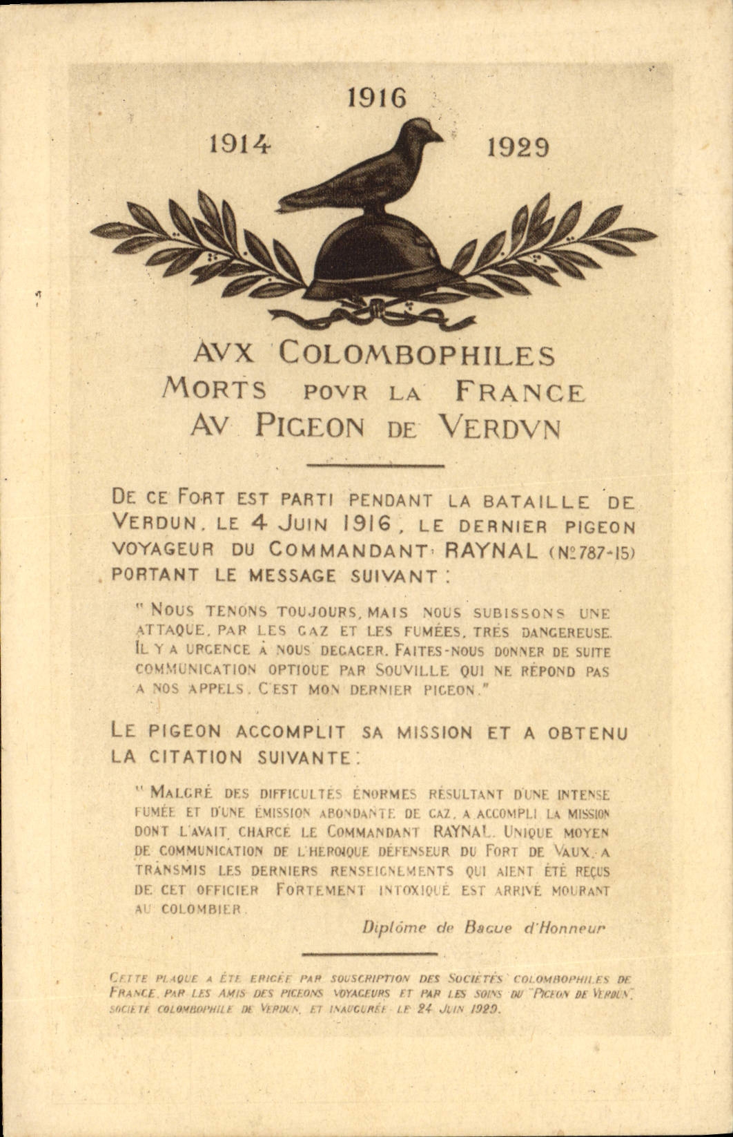 VINTAGE POSTCARD Dove Pigeon fancying with the pigeon fanciers died for Verdun France