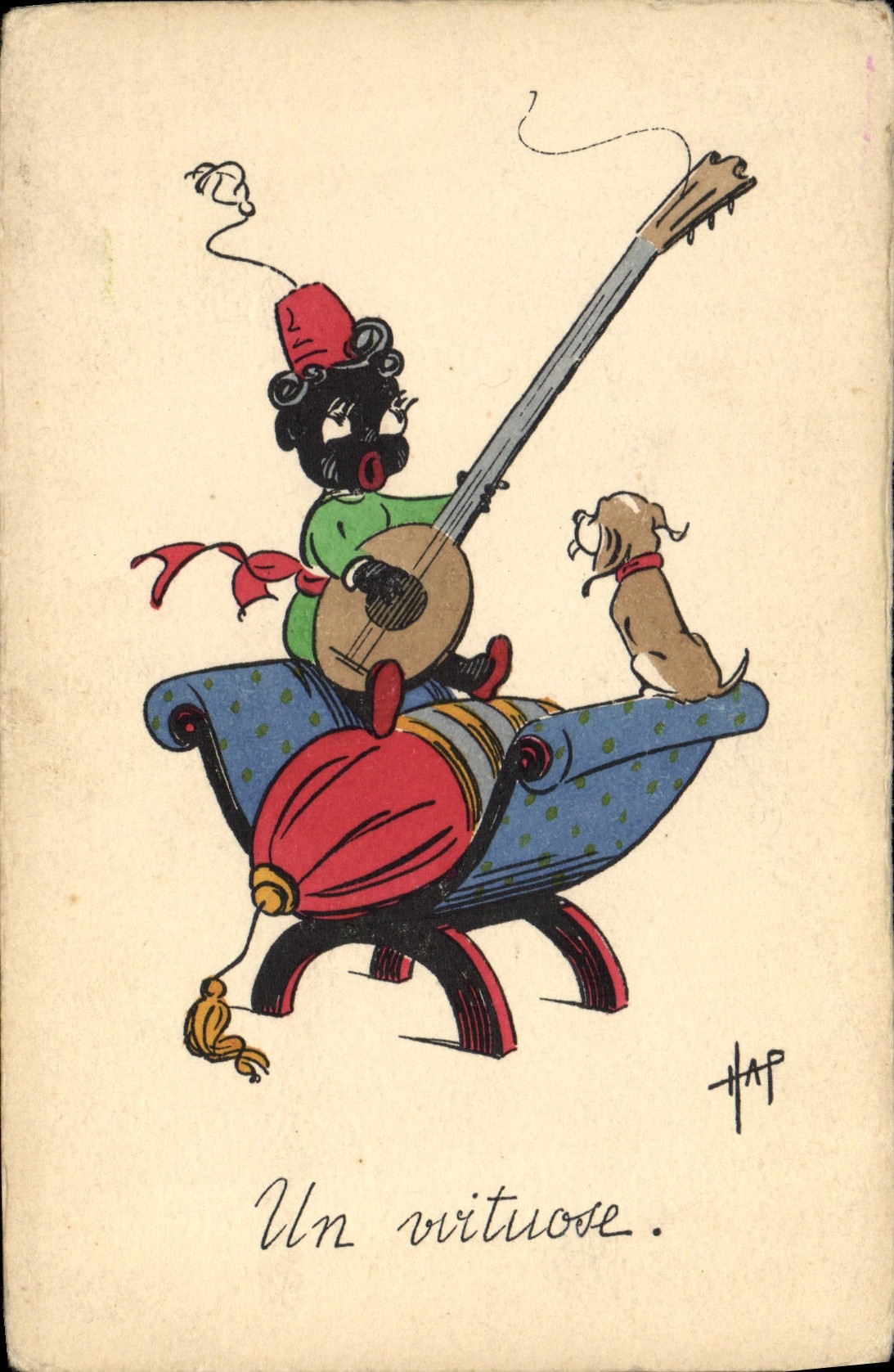 Niño del negro de la POSTAL de la VENDIMIA de la guitarra del perro del color