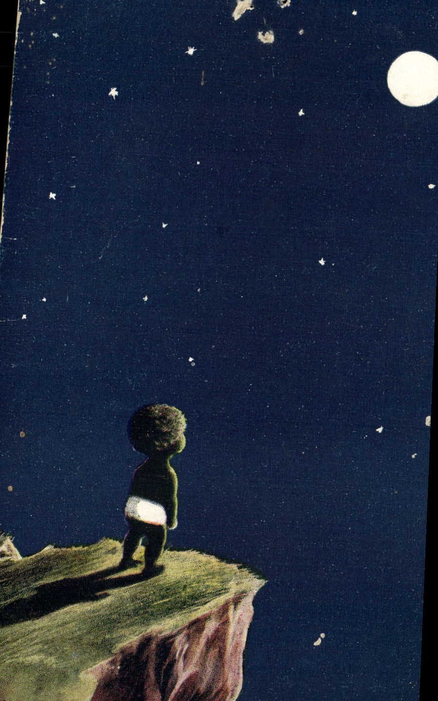 Niño del negro de la POSTAL de la VENDIMIA de la contemplación del color la luna