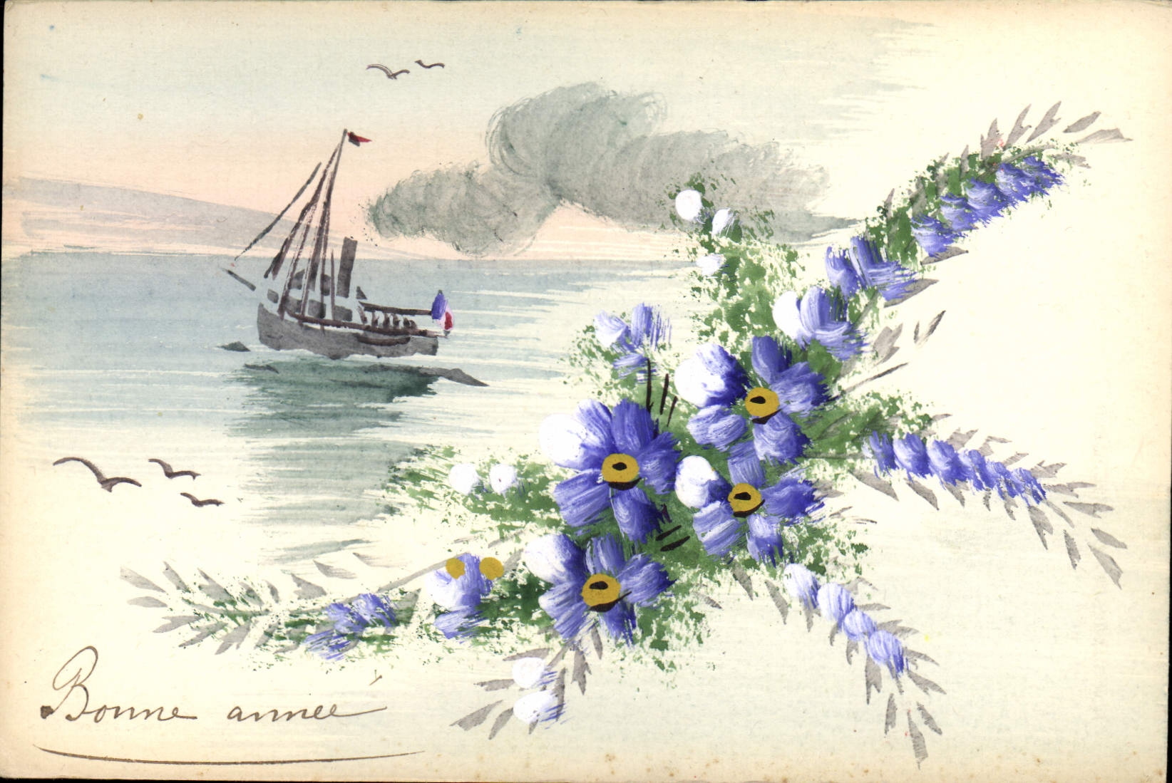 CPA Bateau (dessin a la main) Fleurs