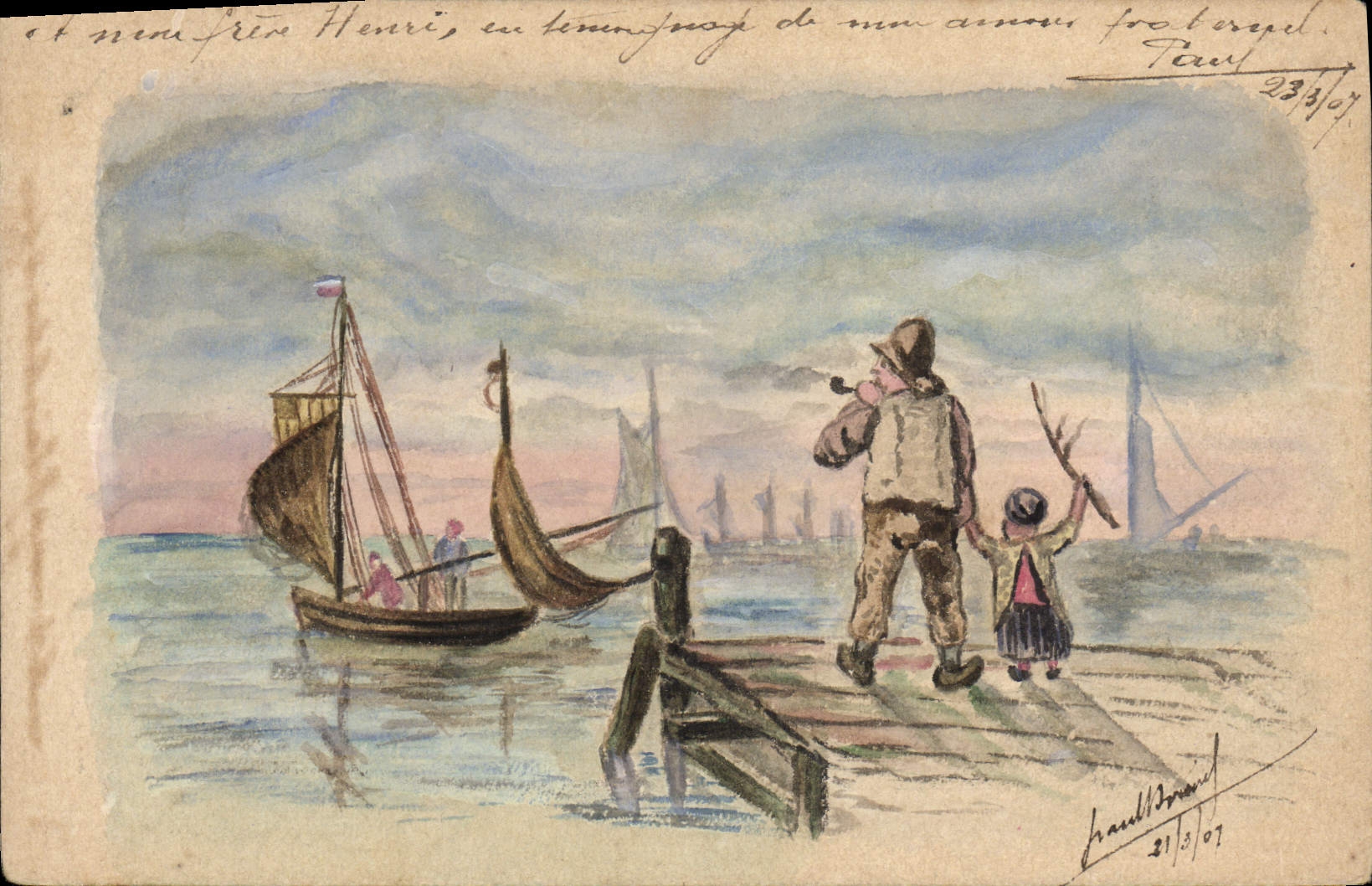 CPA Bateau (dessin a la main) Marin Pecheur Enfant
