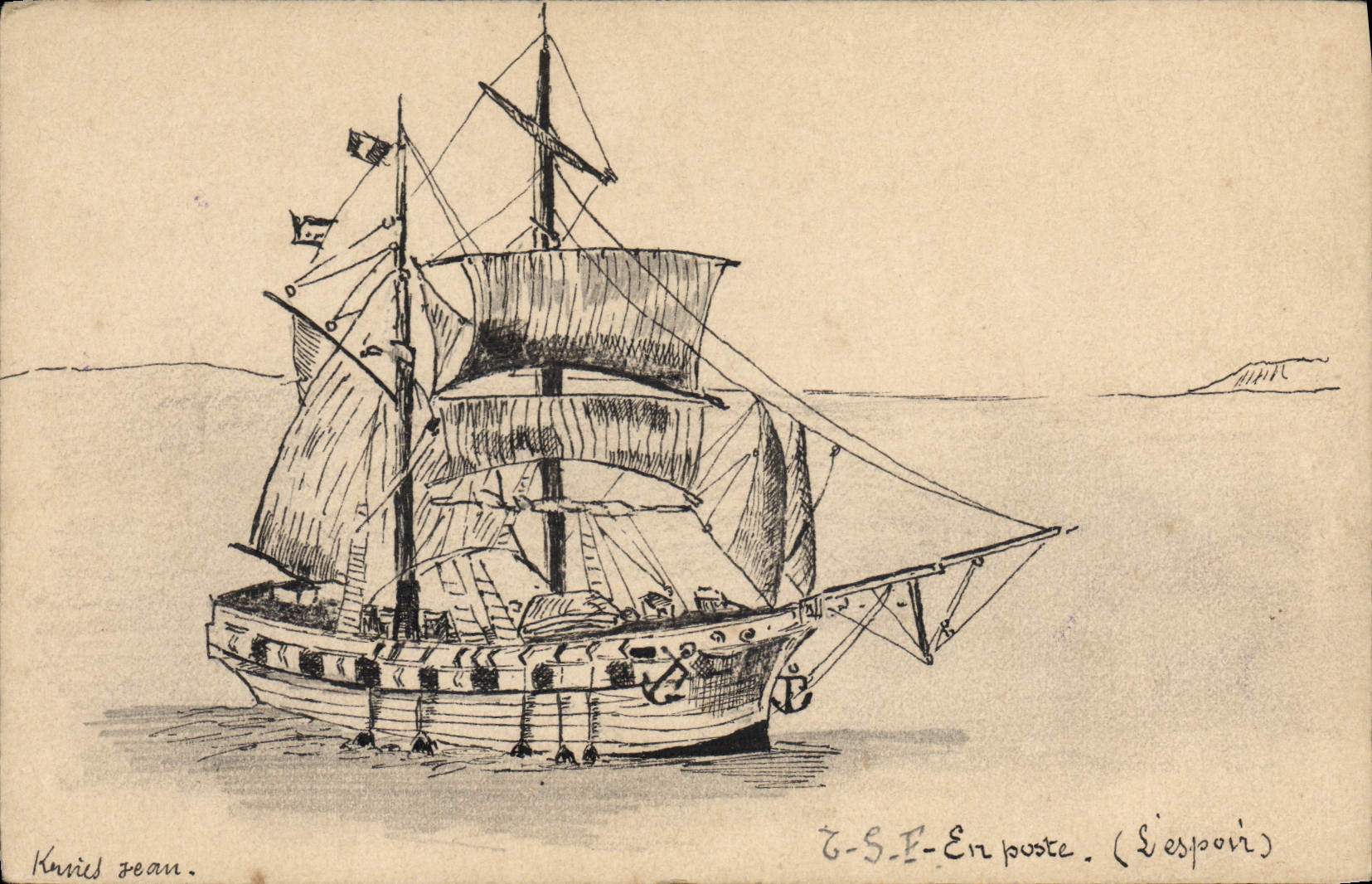 CPA Bateau (dessin a la main) En poste L'Espoir