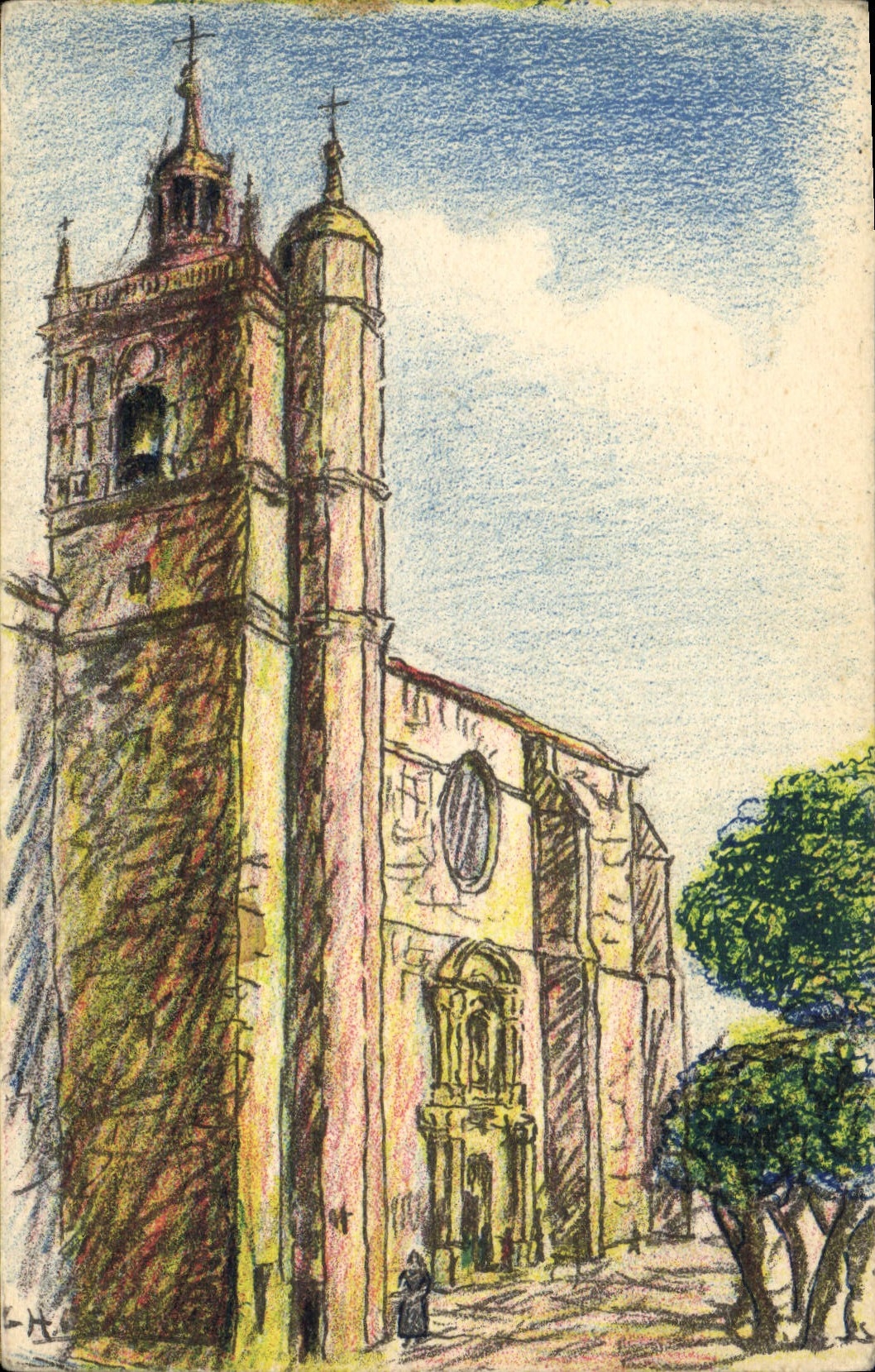 Iglesia de parroquia de Irún de la POSTAL de la VENDIMIA (dibujo con la mano)