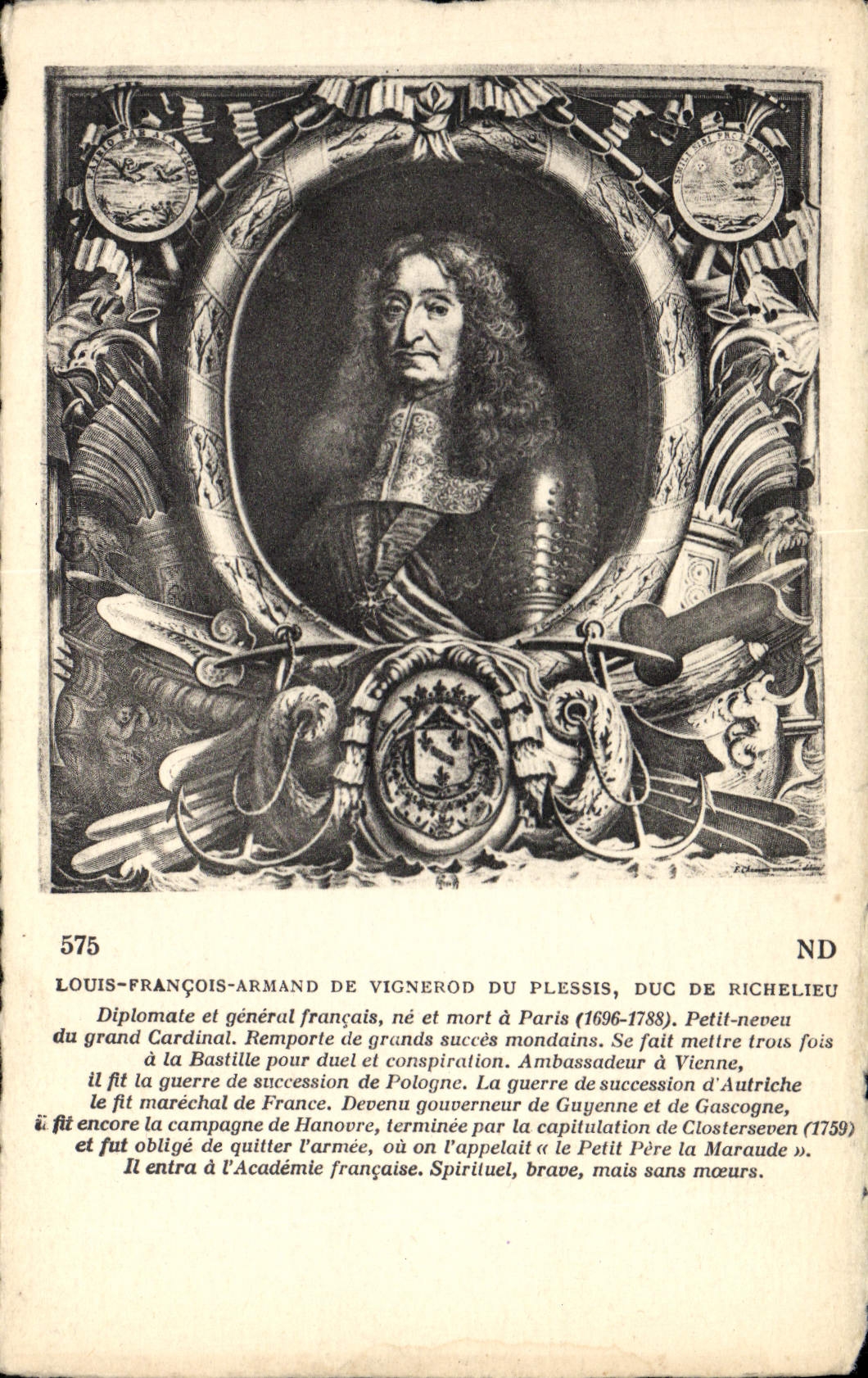 POSTAL Louis François Armand de Vignerod de la VENDIMIA del duque de Plessis de Richelieu