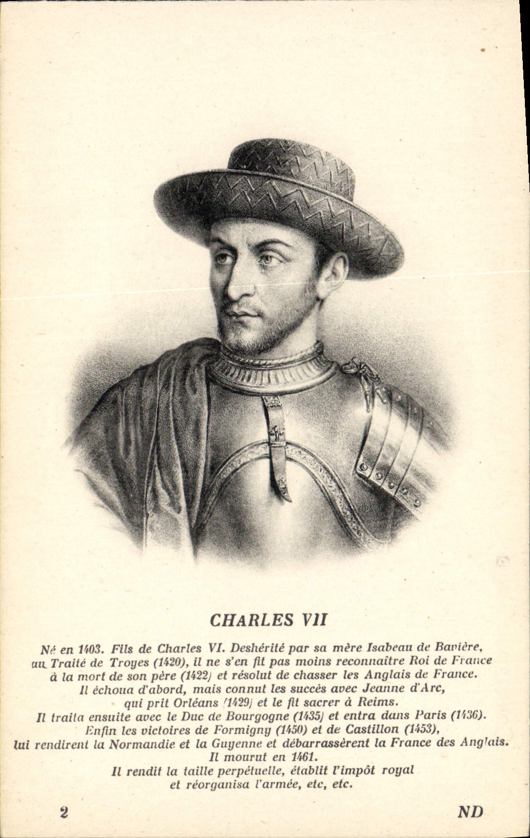 Rey de Francia de Charles VII de la POSTAL de la VENDIMIA
