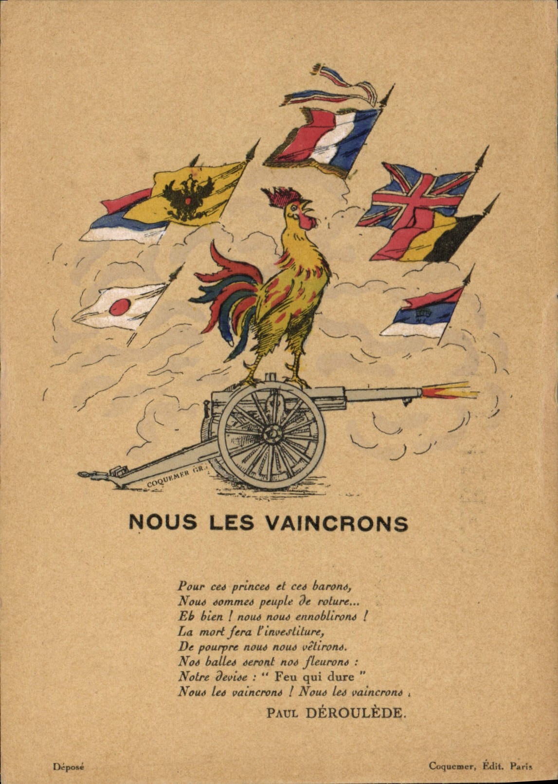 CPA Coq Nous la vaincrons Canon Militaria