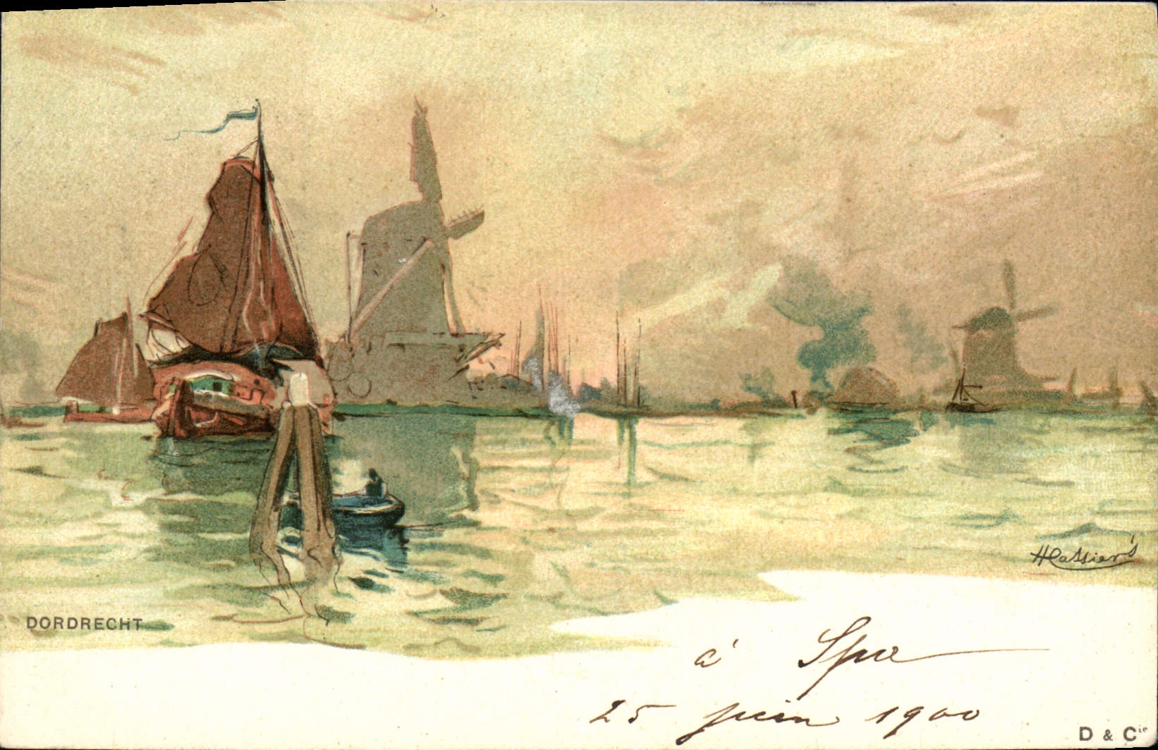 Molino de viento de los barcos de Dordrecht del ilustrador de la fantasía de la POSTAL de la VENDIMIA
