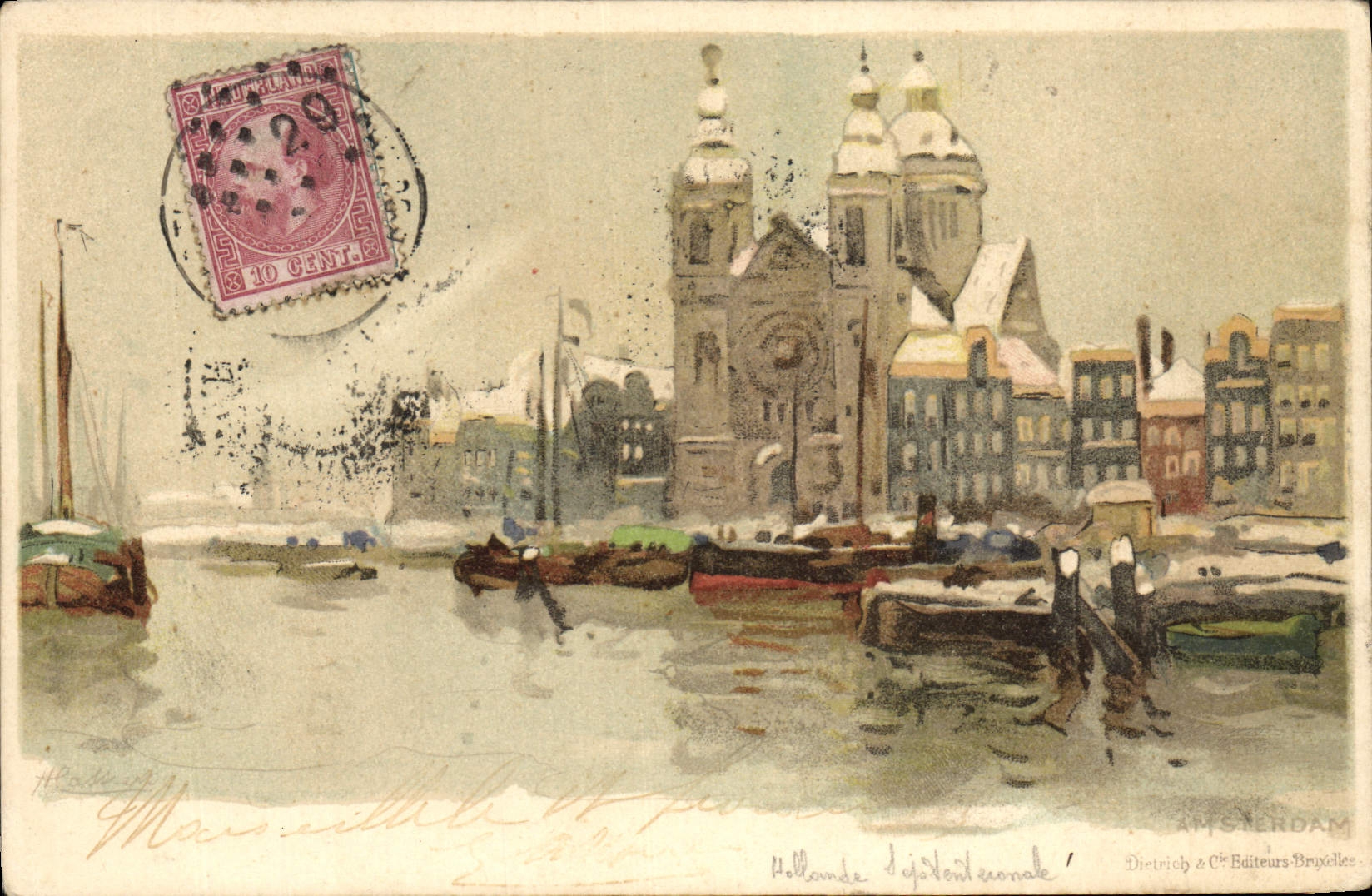 Barcos de Amsterdam del ilustrador de la fantasía de la POSTAL de la VENDIMIA
