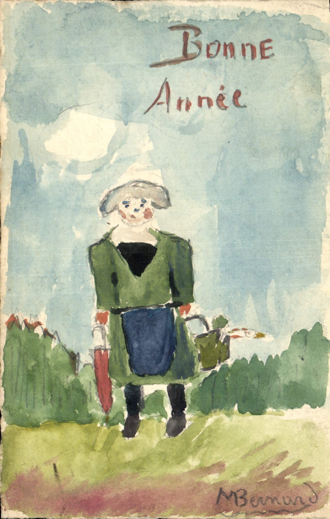 Mujer de la POSTAL de la VENDIMIA (que dibuja la mano) Felices fiestas