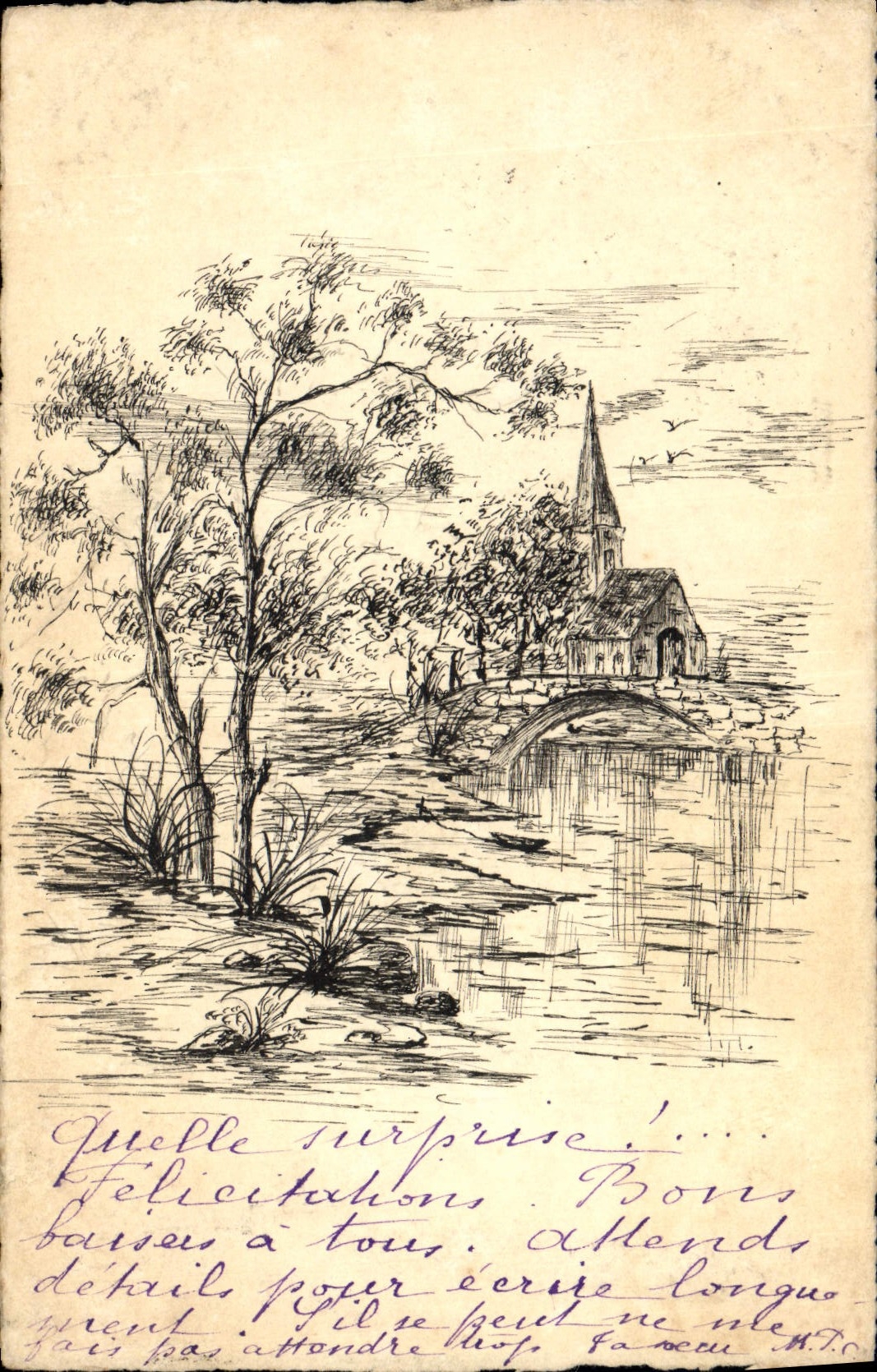 VINTAGE POSTCARD (drawing the hand) Village