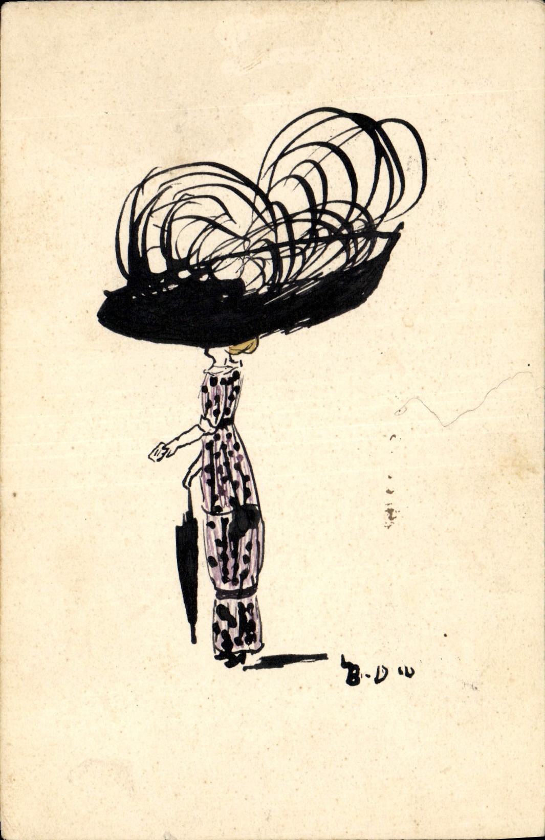 VINTAGE POSTCARD (drawing the hand) Woman with the hat