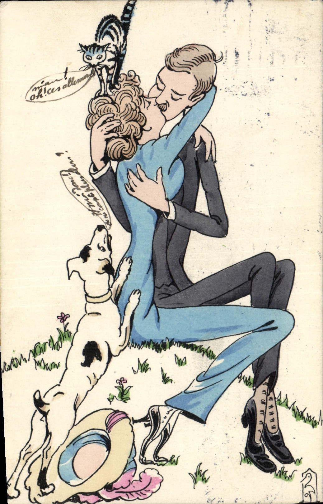 CPA Fantaisie Illustrateur Homme Femme Chien Chat 