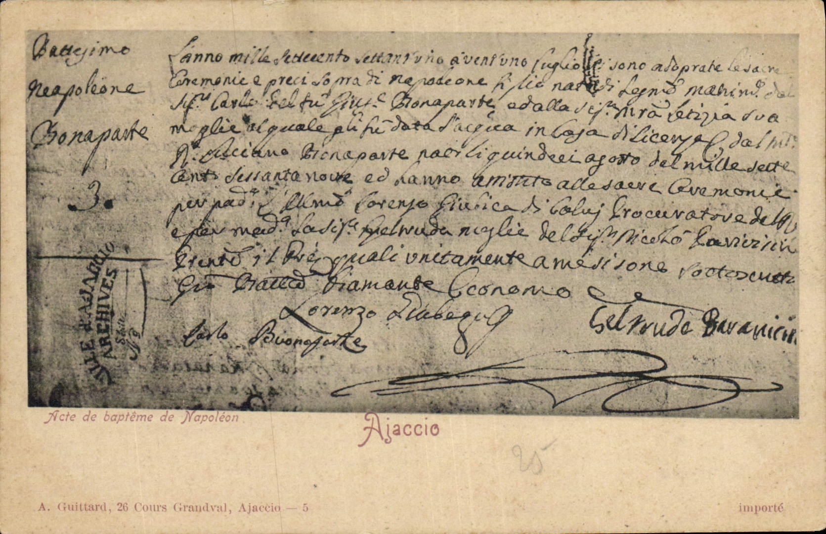 POSTAL Napoleon de la VENDIMIA el 1r certificado bautismal de Ajacio de Napoleon