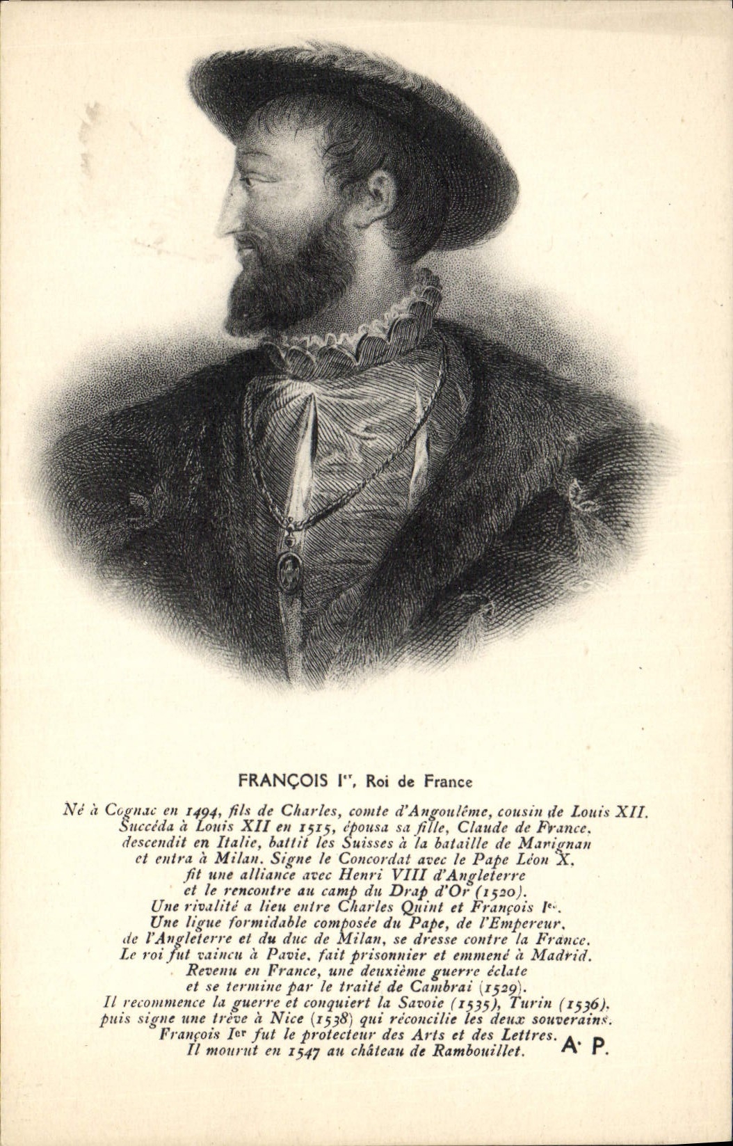 Rey de Francia de François de la POSTAL de la VENDIMIA 1r