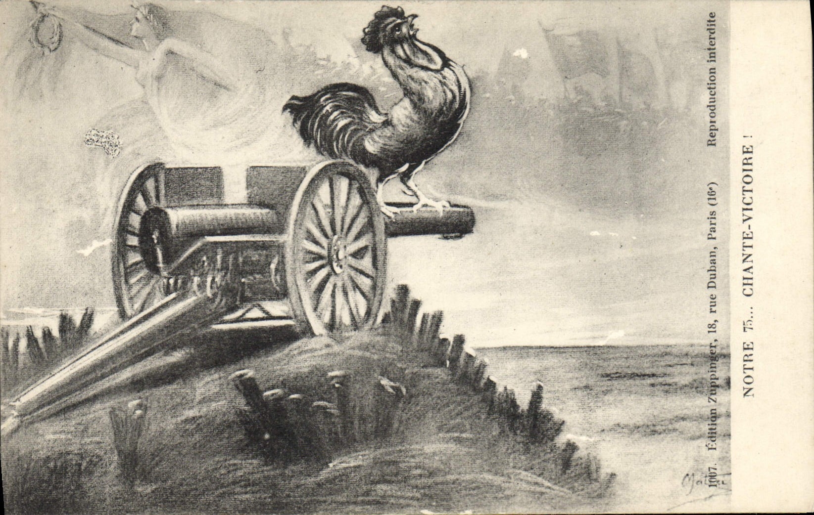 CPA Coq Poule Notre 75 Chante Victoire Canon Militaria