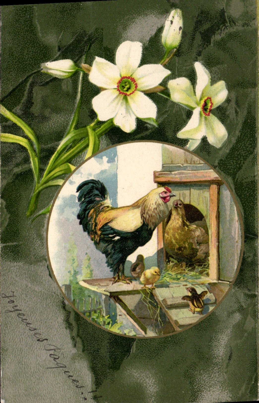 CPA Coq Poule Fleurs