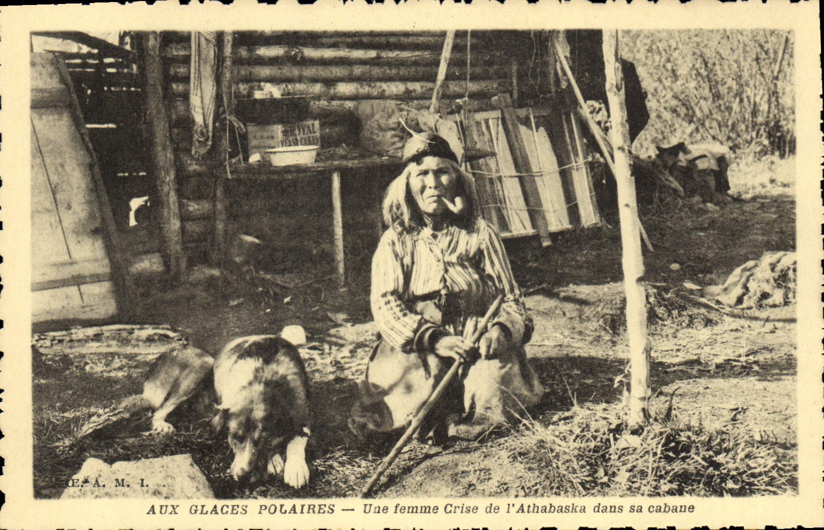 La POSTAL de la VENDIMIA polar con el polar hiela una crisis de la mujer de Athabaska en su choza