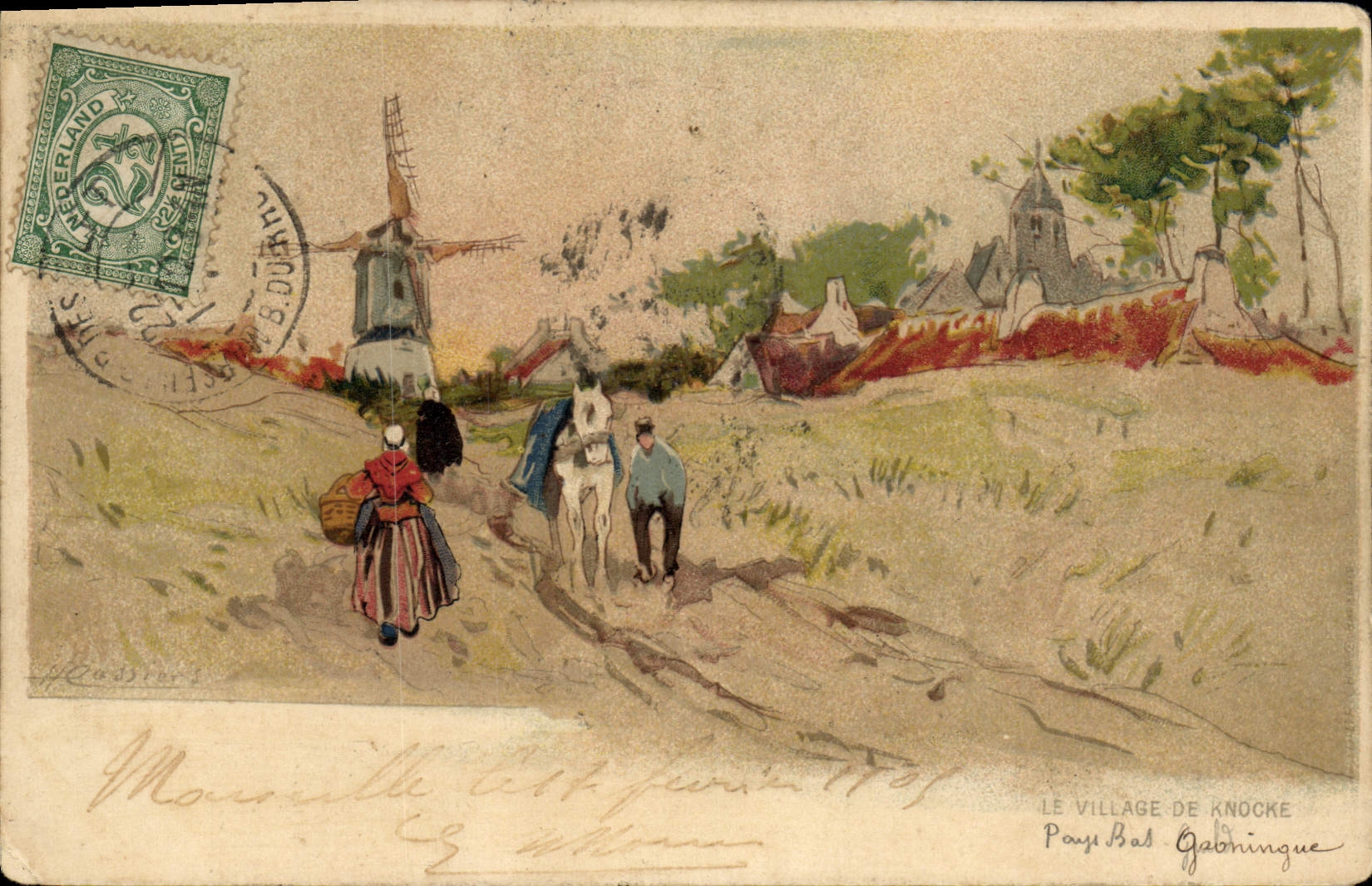 VINTAGE POSTCARD Fantasy Illustrator the village of Knocke Mill Advent