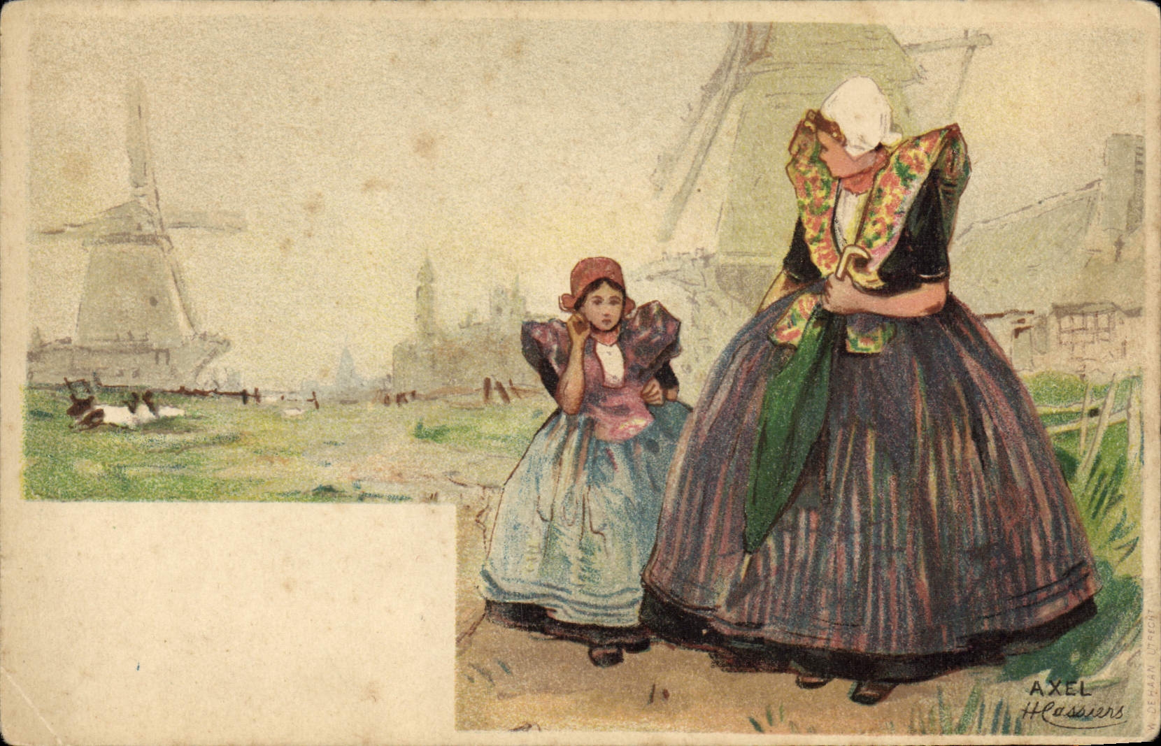 VINTAGE POSTCARD Fantasy Illustrator Child wife Windmills