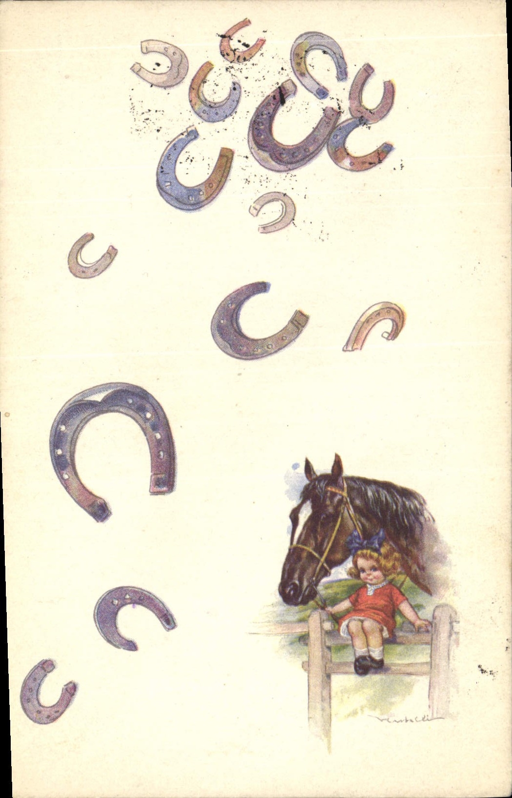 Herradura del caballo del niño del ilustrador de Fantaisie de la POSTAL de la VENDIMIA