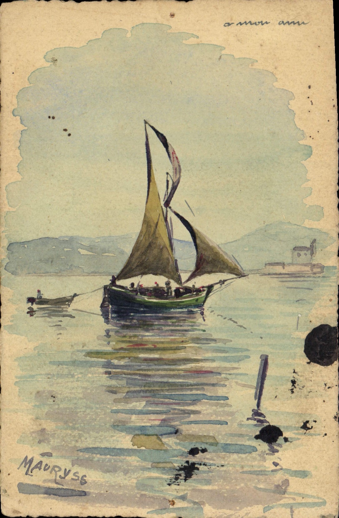 VINTAGE POSTCARD (drawing the hand) Boat