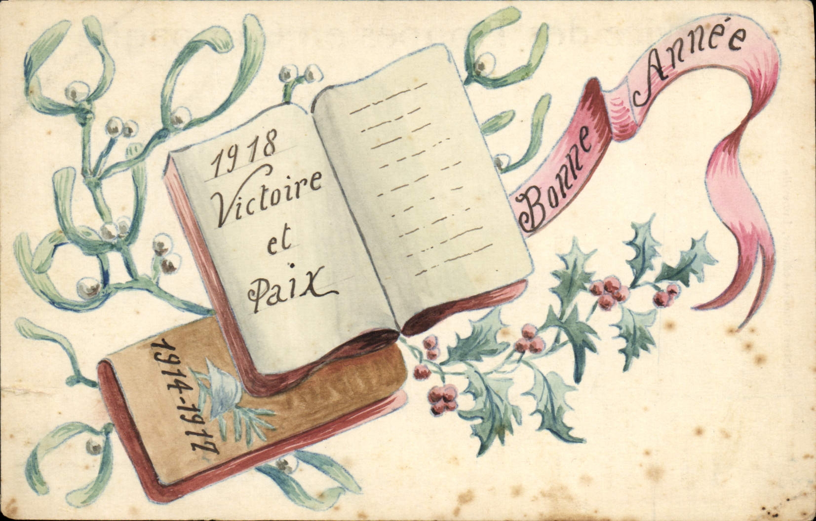 VINTAGE POSTCARD (drawing the hand) Happy New Year Flowers