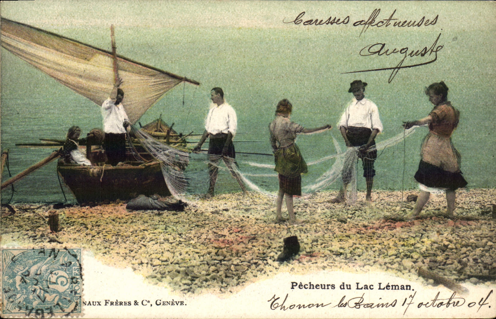 CPA Bateau de peche Pecheurs au lac Leman Suisse