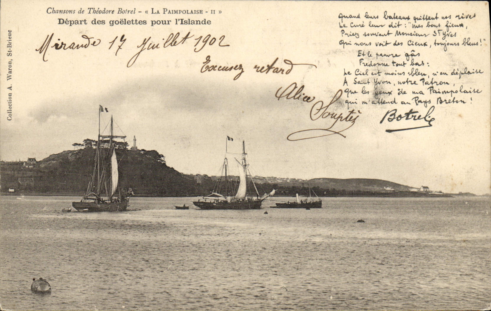 CPA Bateau de peche Depart des goelettes pour l'Islande Chanson de Theodore Botrel La paimpolaise