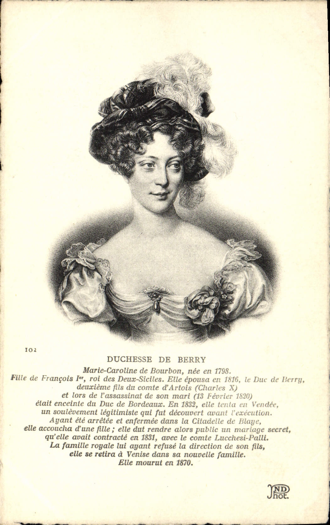 Duquesa de la POSTAL de la VENDIMIA de la baya Marie Caroline de Bourbon