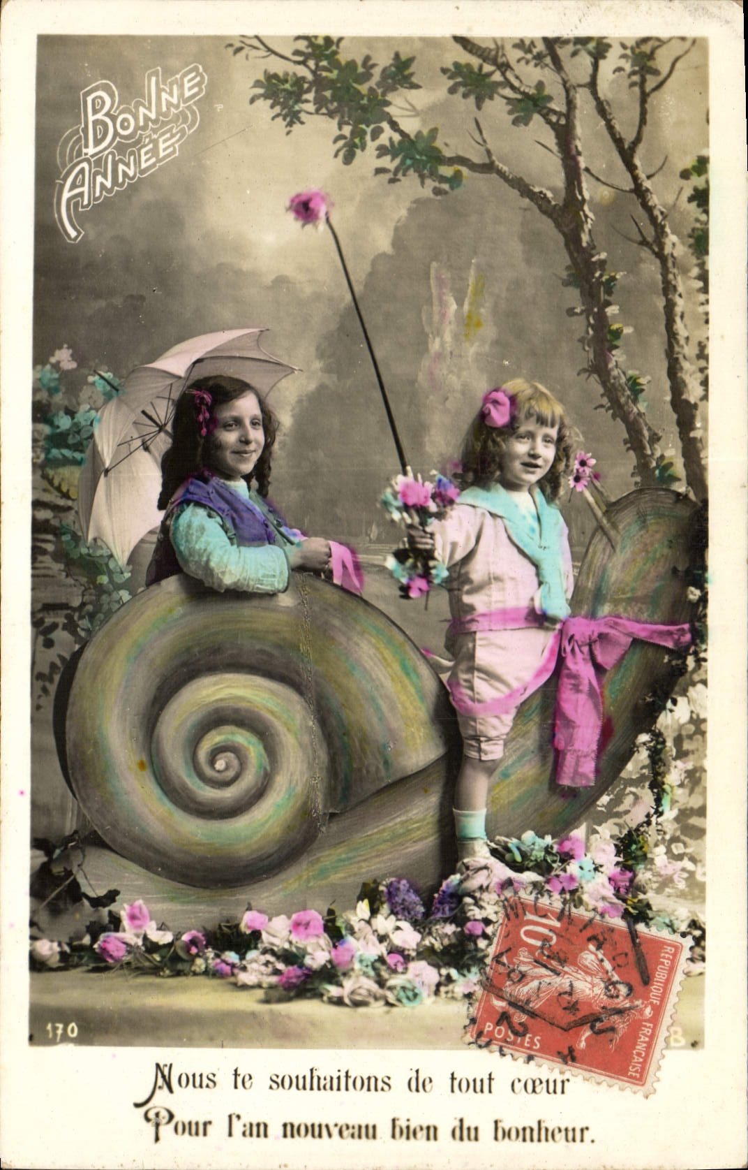 VINTAGE POSTCARD Snail Children