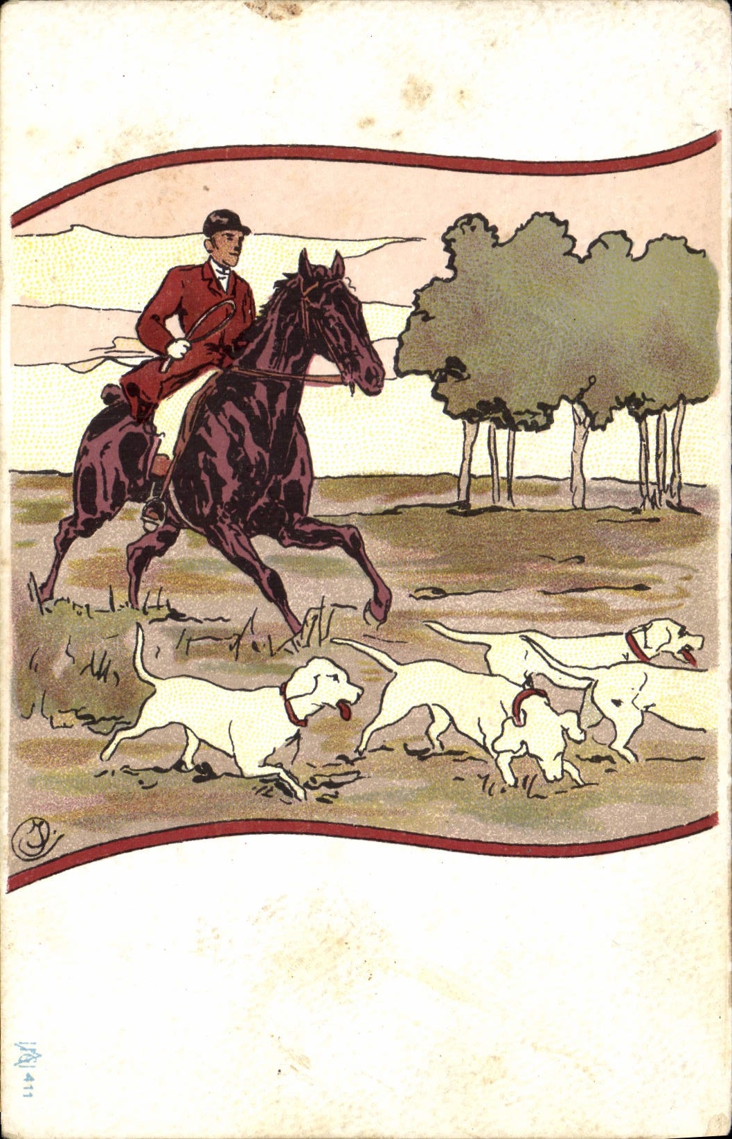 CPA Chiens Chien Chasse a courre Cavalier Cheval