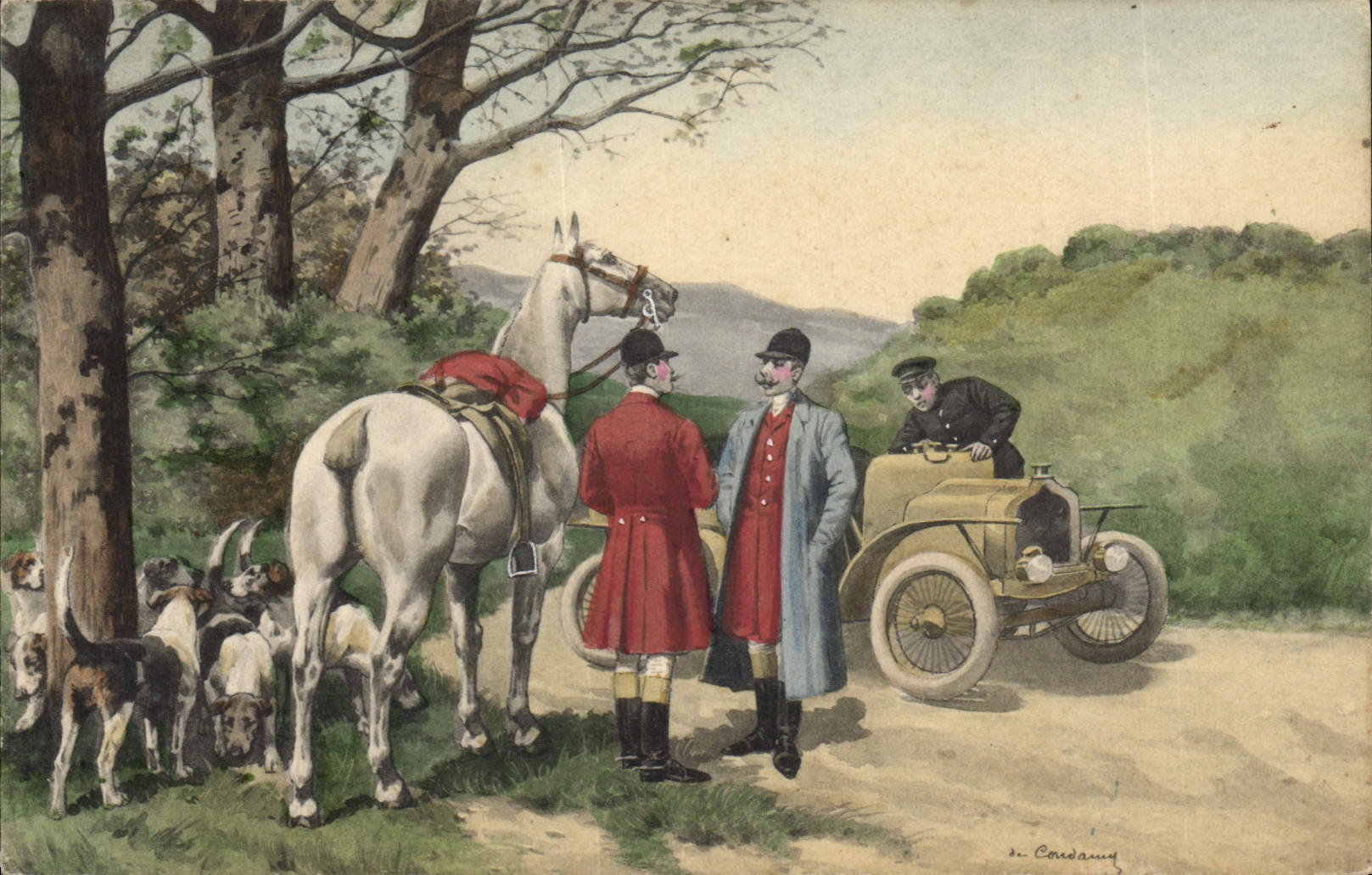 Caza del perro del automóvil de los perros de la POSTAL de la VENDIMIA