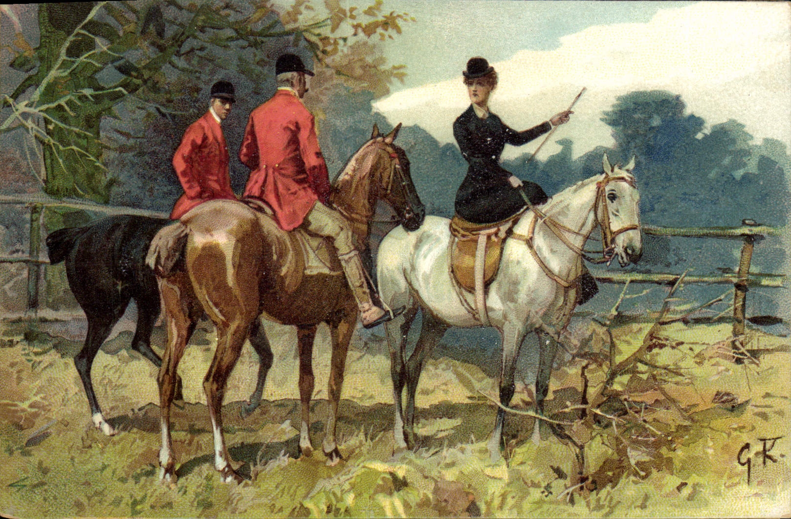 CPA Chiens Chien Chasse a courre Cavalier Cheval