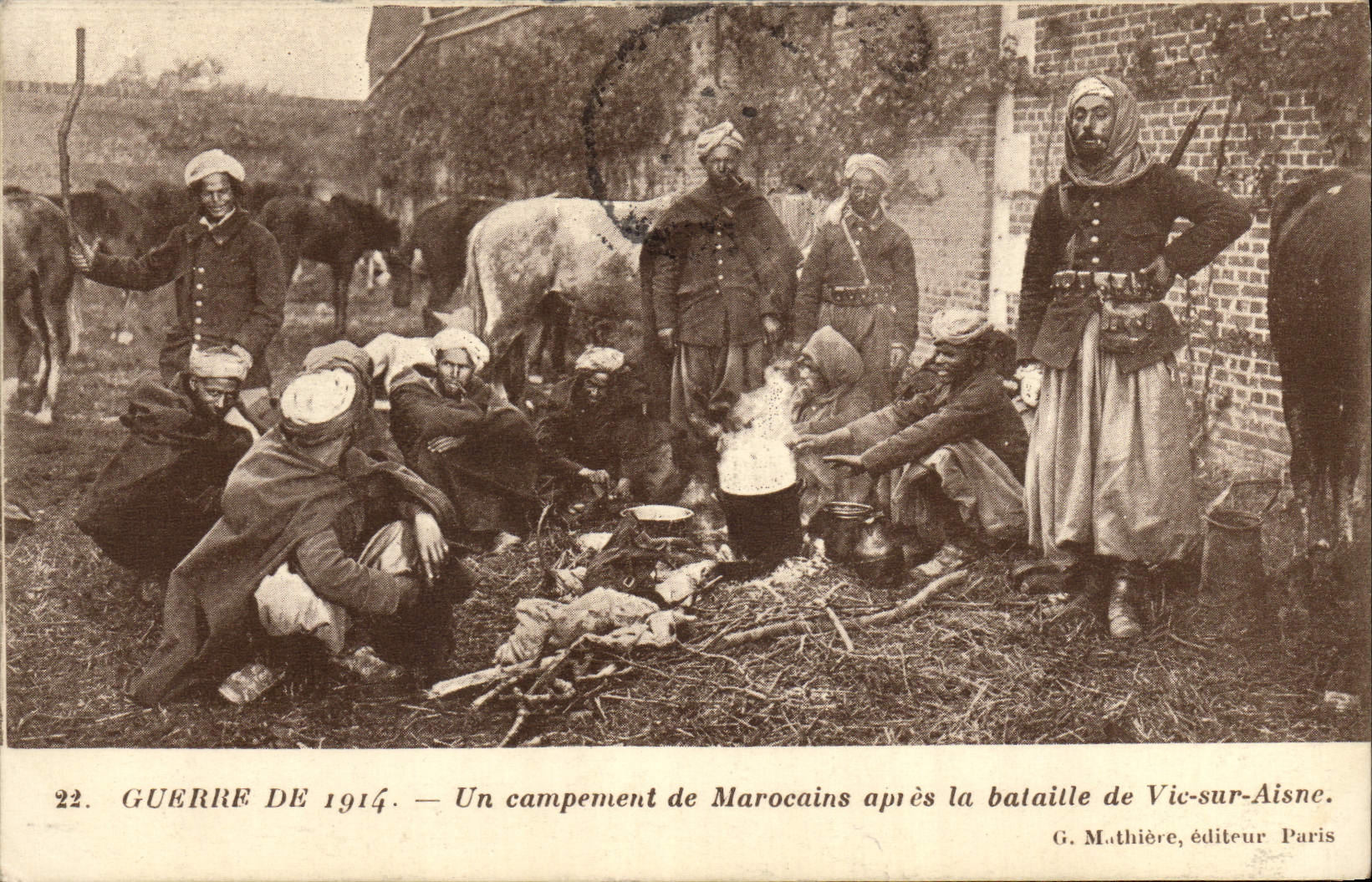 POSTAL Militaria de la VENDIMIA el acampar de Morrocans después de la batalla de Vic en Aisne
