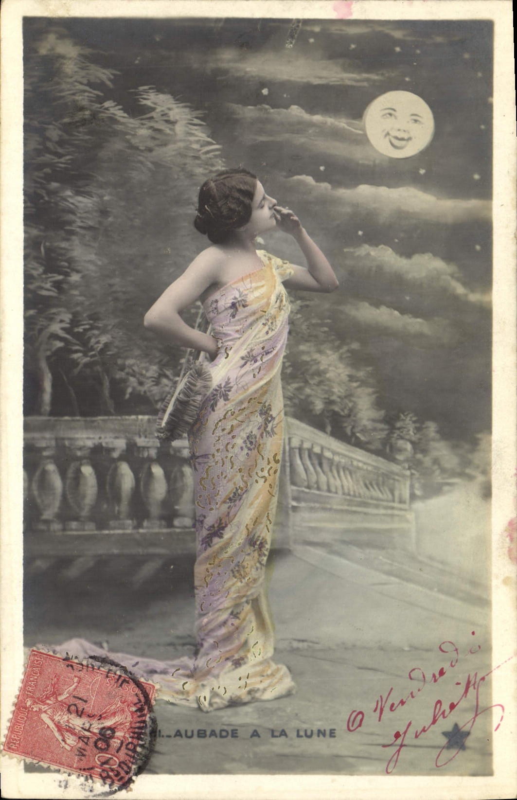 VINTAGE POSTCARD Fantasy the Moon Woman Dawn serenade with the moon