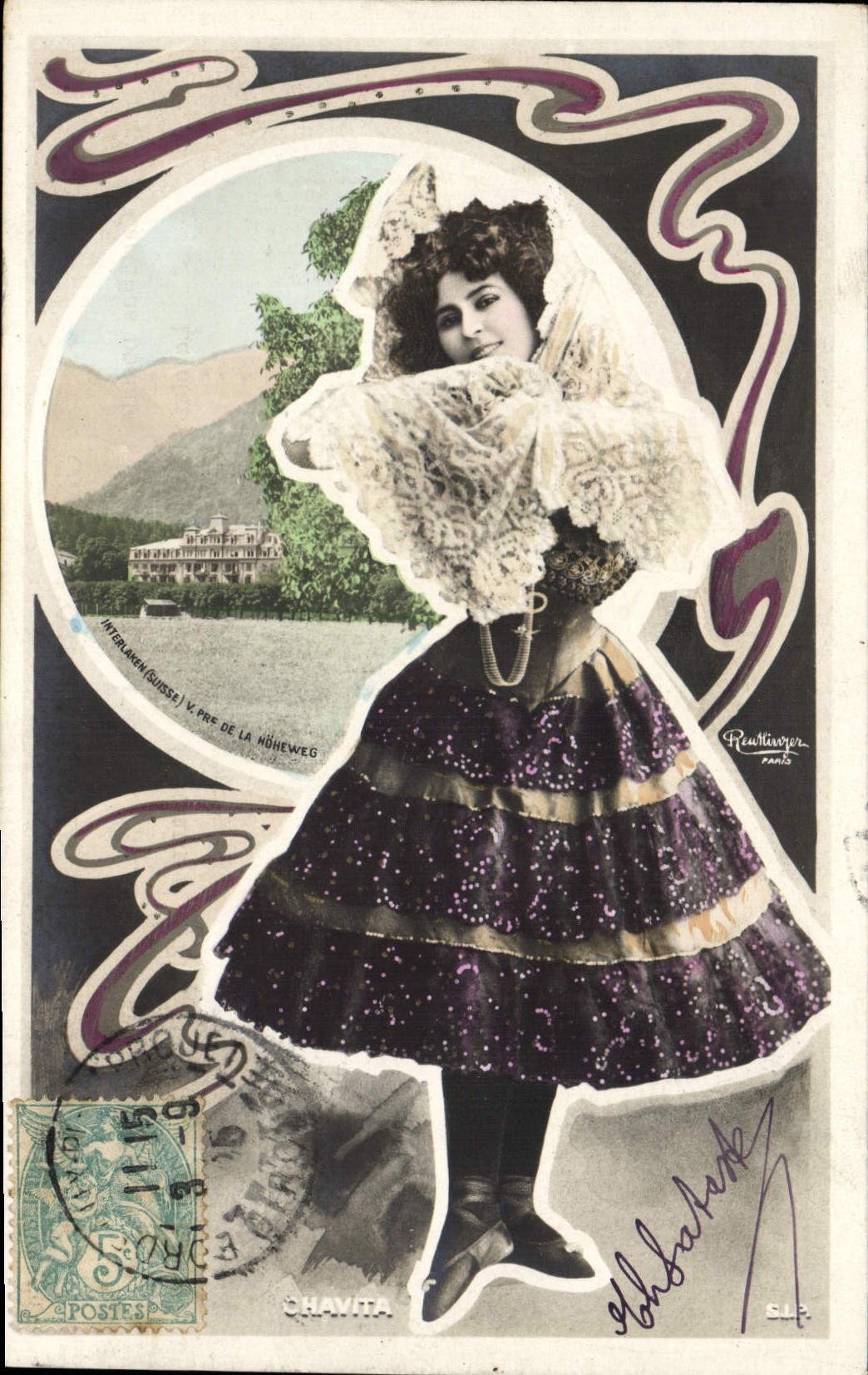 VINTAGE POSTCARD Theater Woman Swiss Chavita Interlaken Seen from of Hoheweg