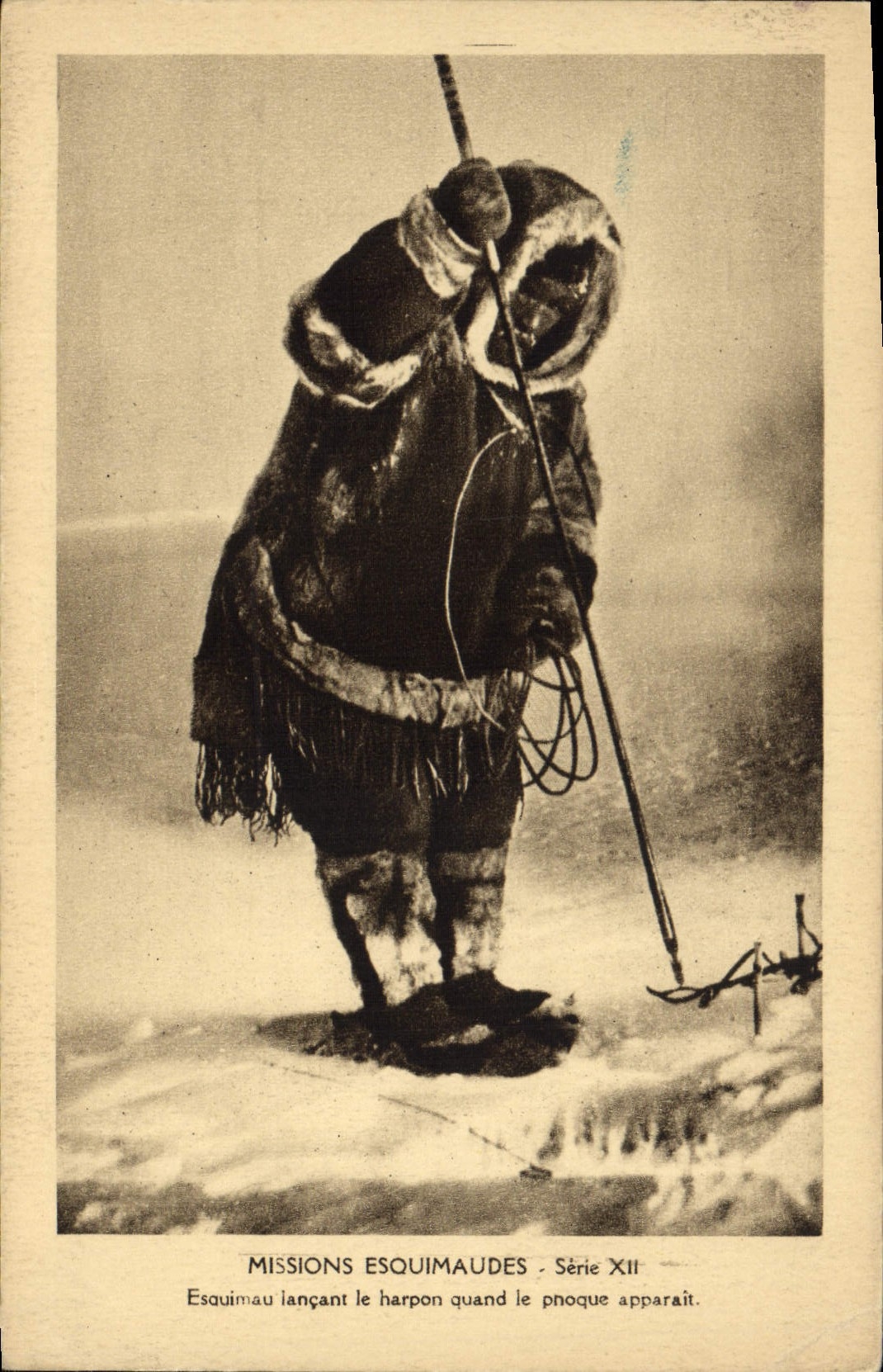 VINTAGE POSTCARD Polar Eskimo Missions Esqsuimau launching the harpoon when the seal appears