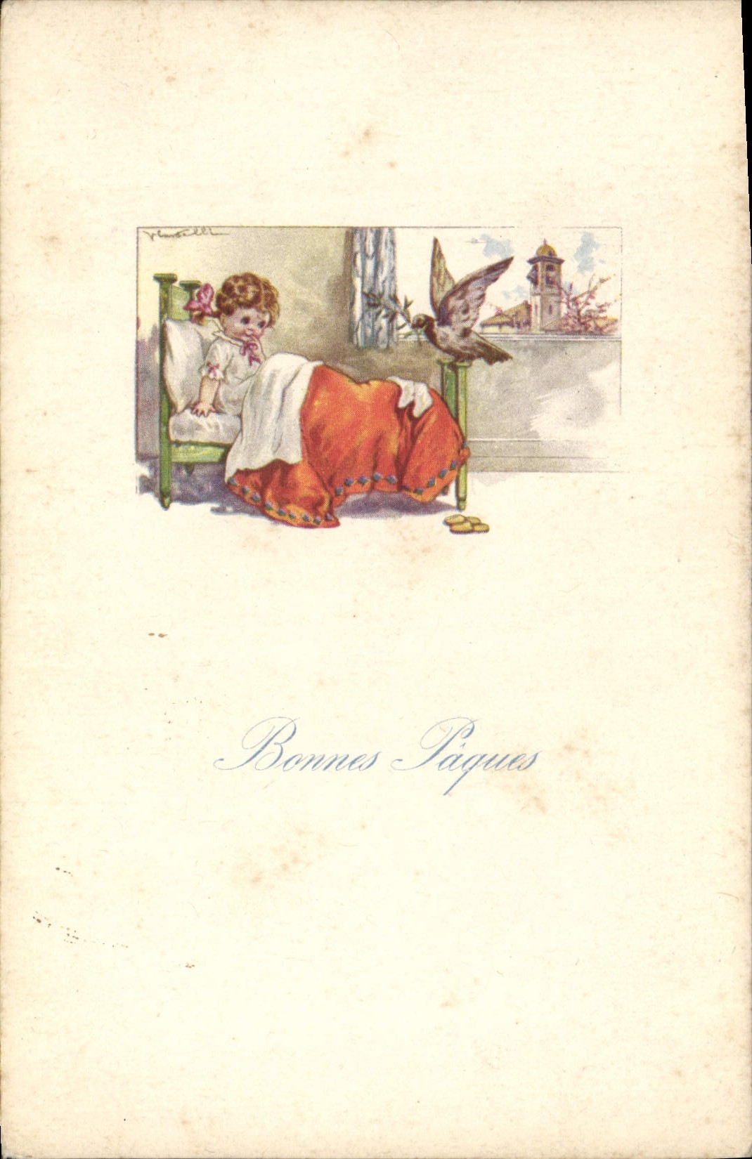 VINTAGE POSTCARD Fantasy Illustrator Child Easter Dove