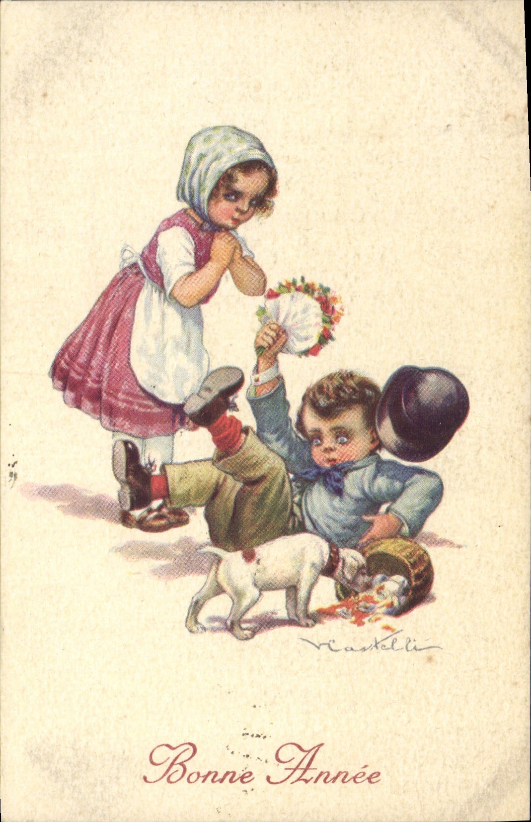 CPA Fantaisie Illustrateur Enfants Chien