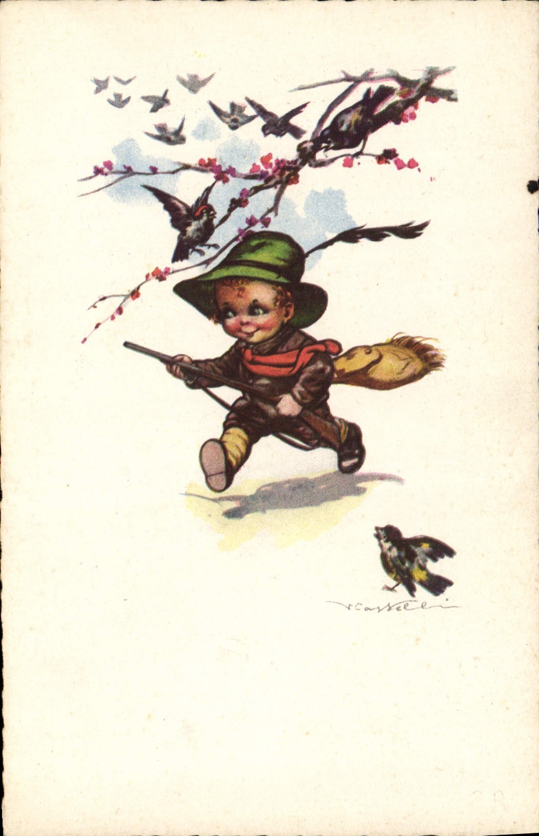 VINTAGE POSTCARD Fantaisie Illustrator Child Hunter Drives out