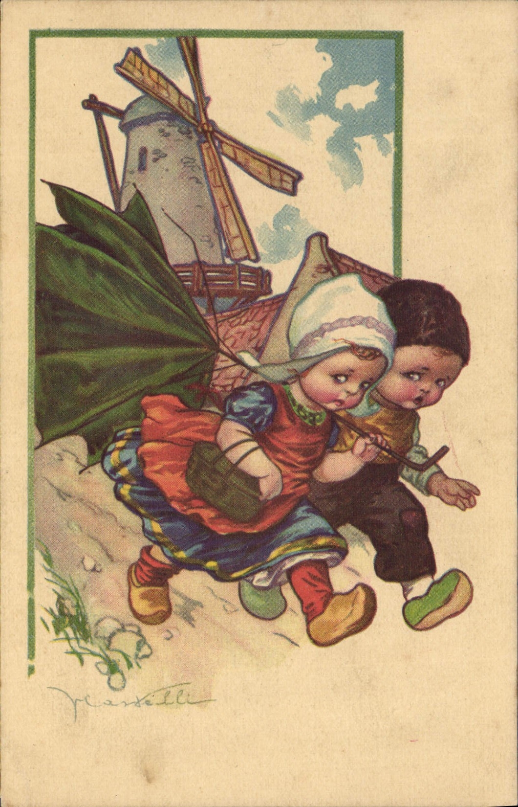 CPA Fantaisie Illustrateur Enfants Moulin a vent