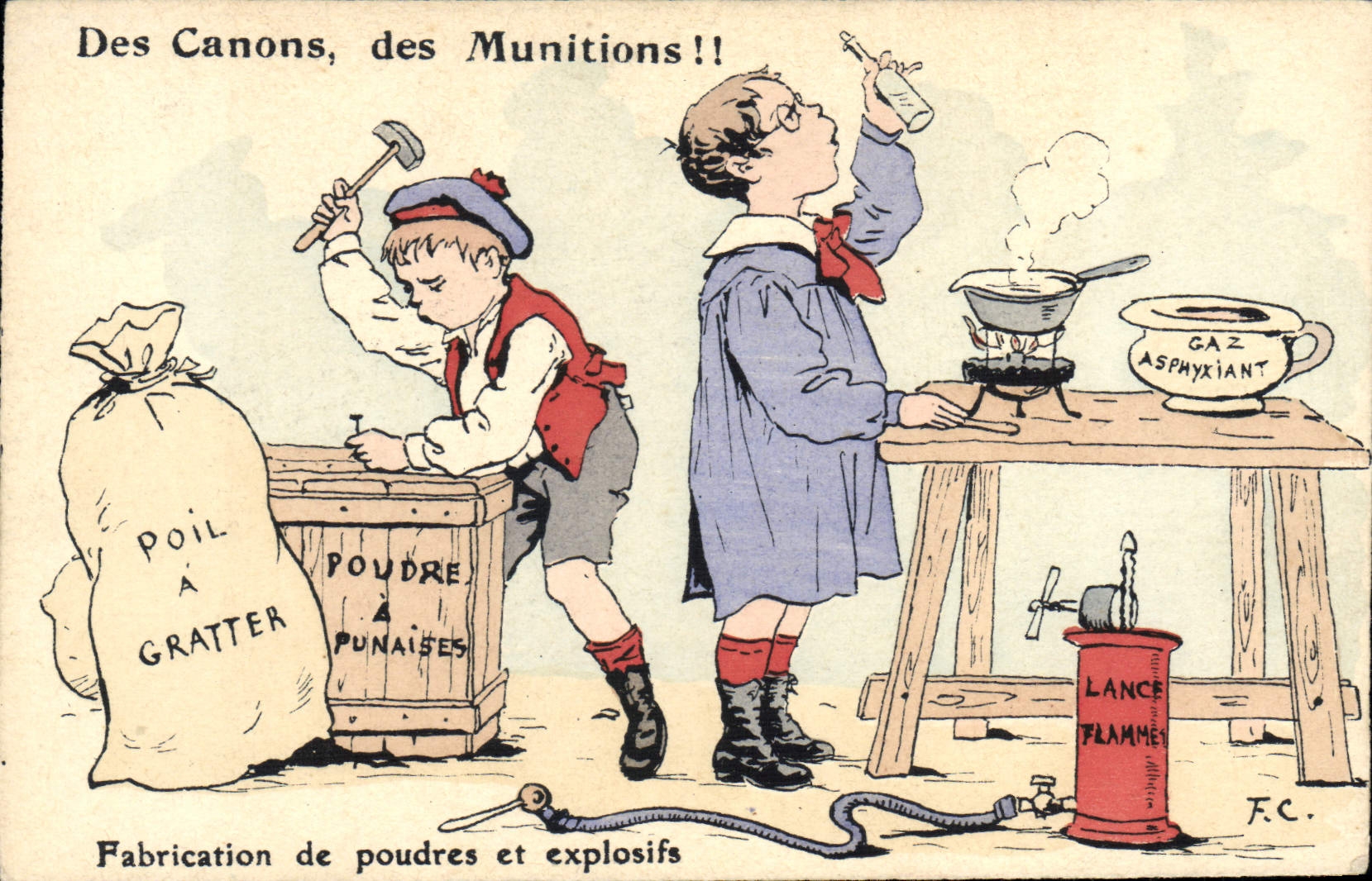 CPA Fantaisie Illustrateur Des canons Des munitions Fabrication de poudres et explosifs 