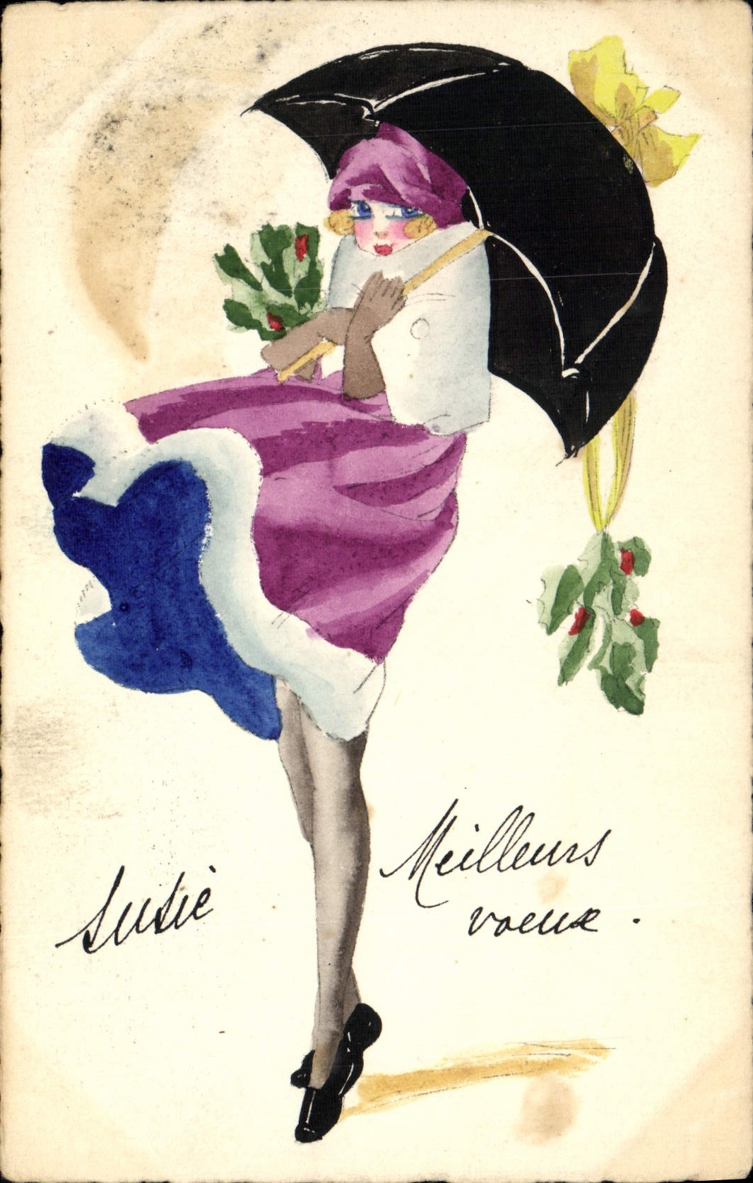 VINTAGE POSTCARD Fantasy (drawing with the hand) Woman with the umbrella